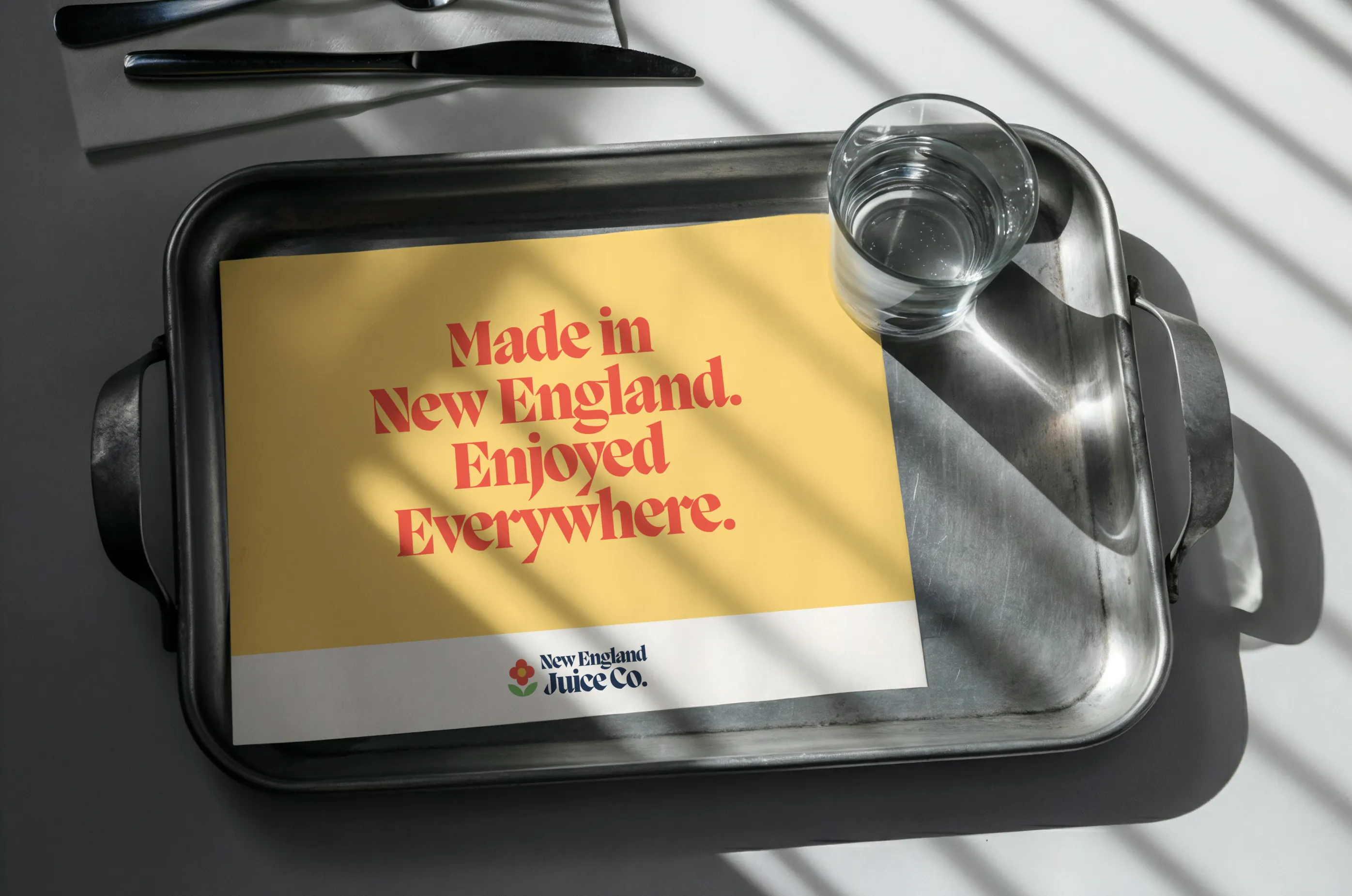 New England Juice Co. — Food tray showcasing NEJC branding — Brand design