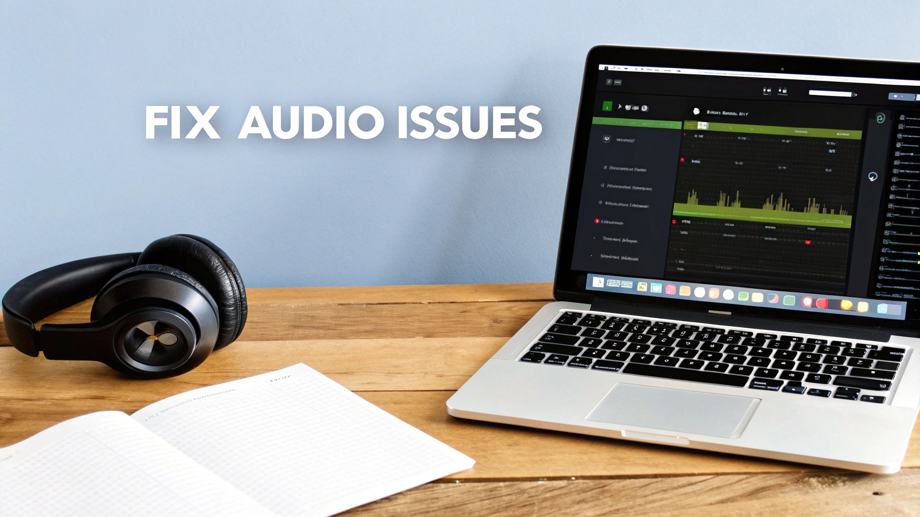 Laptop displaying audio editing software interface with headphones on wooden desk for fixing audio issues