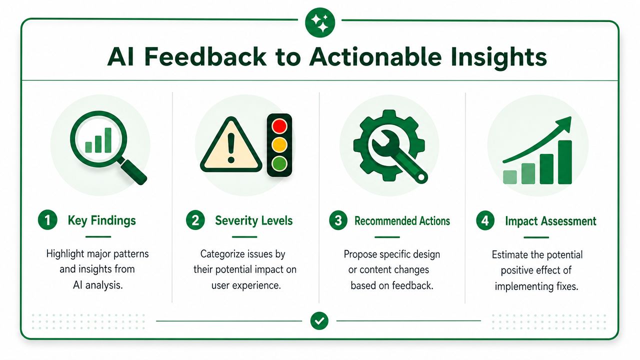 A four-step diagram illustrating the process of turning AI feedback into actionable product design insights.