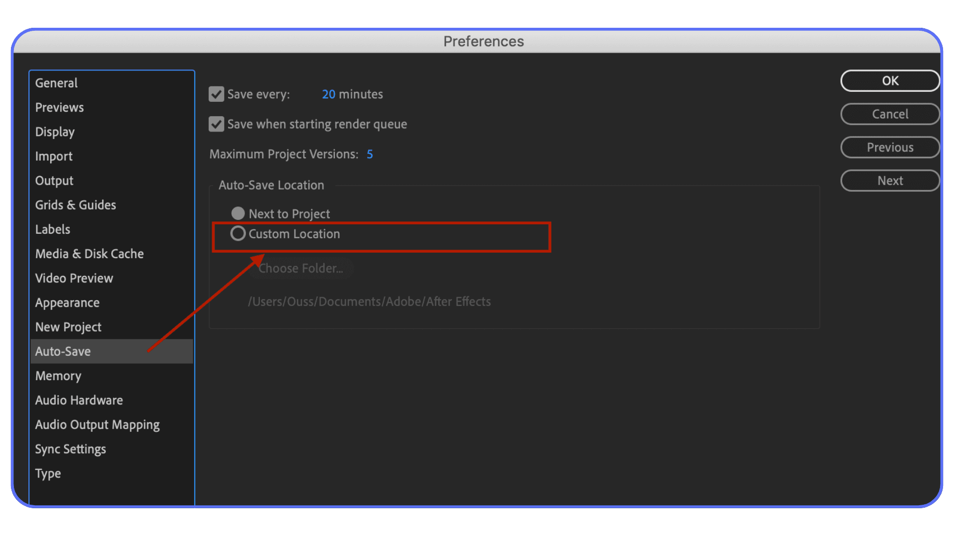 After Effects auto-save preferences panel with custom save location enabled
