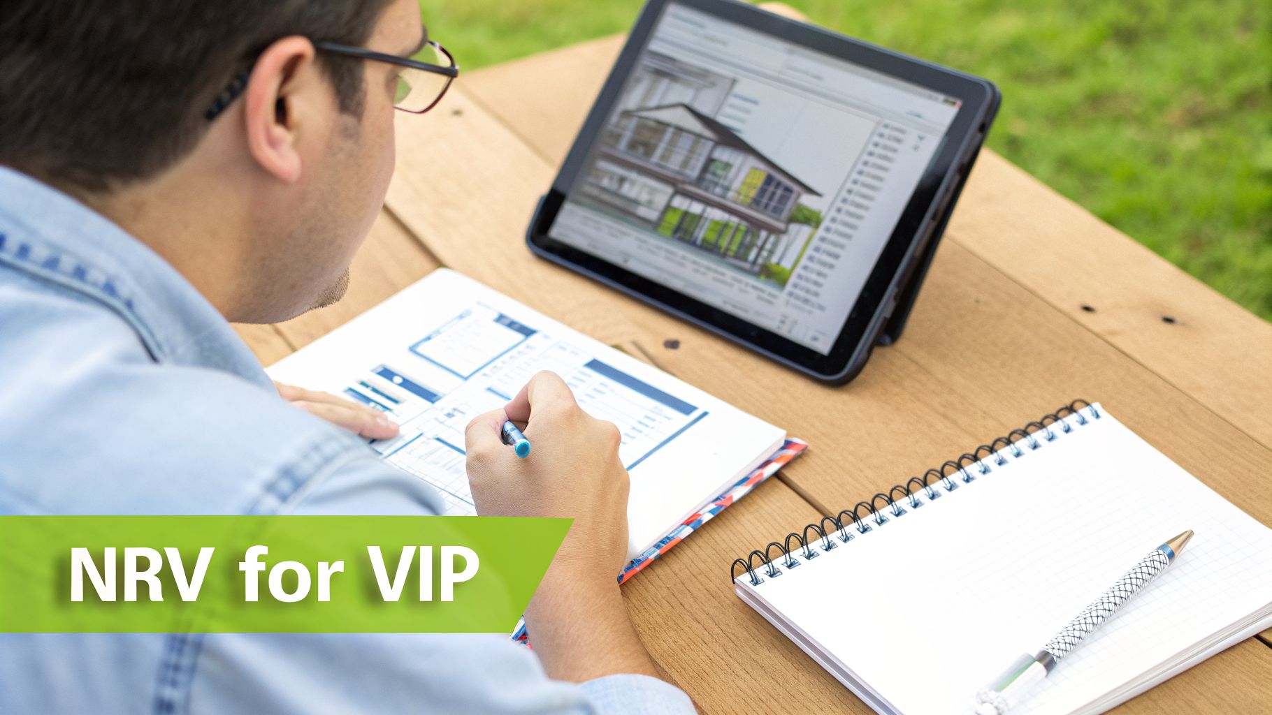 A person reviewing house architectural plans on paper and a tablet outdoors.