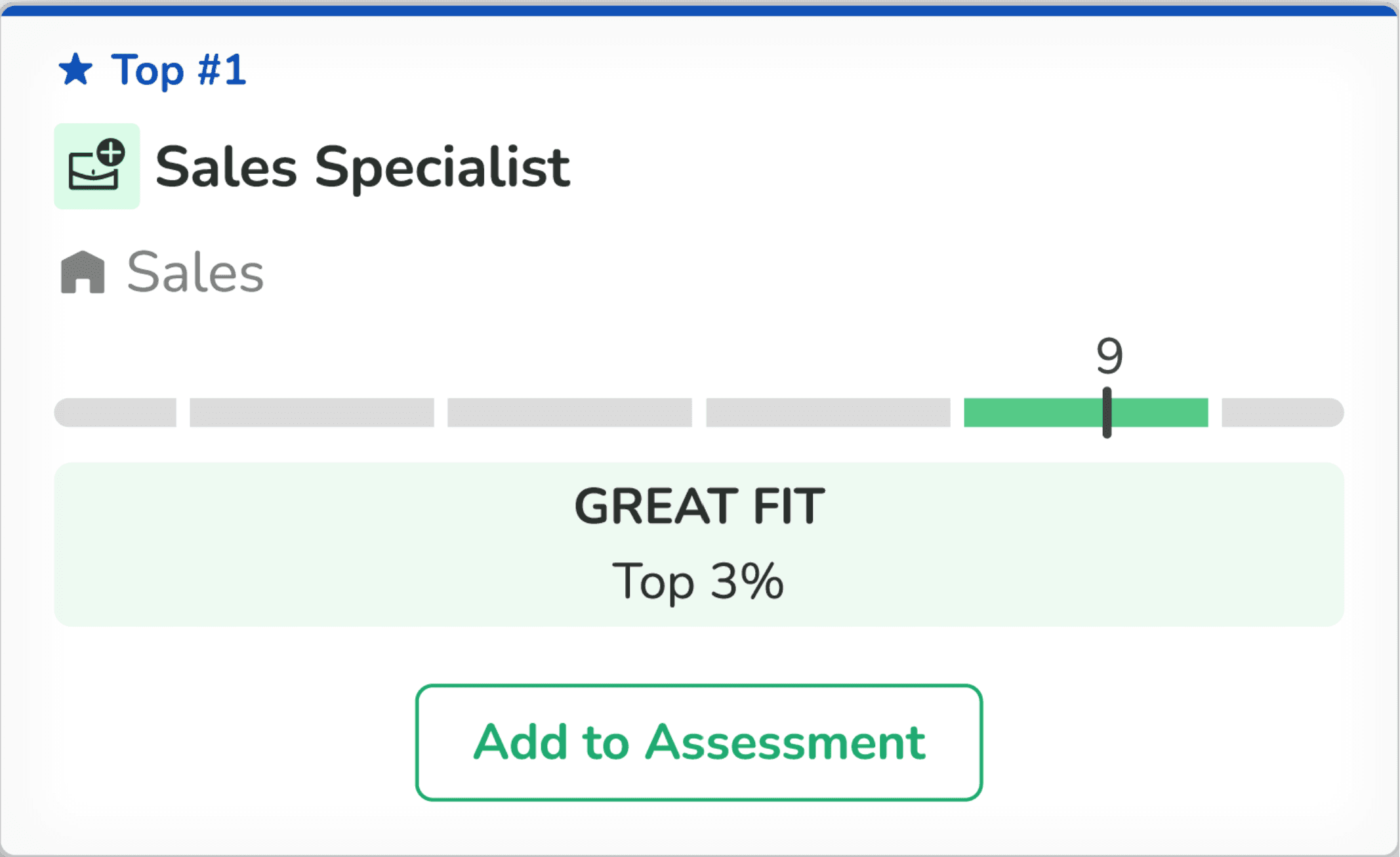 Bryq job match card for a Sales Specialist position ranked as Top #1, with a fit score of 9 indicating a "Great Fit" in the top 3%.