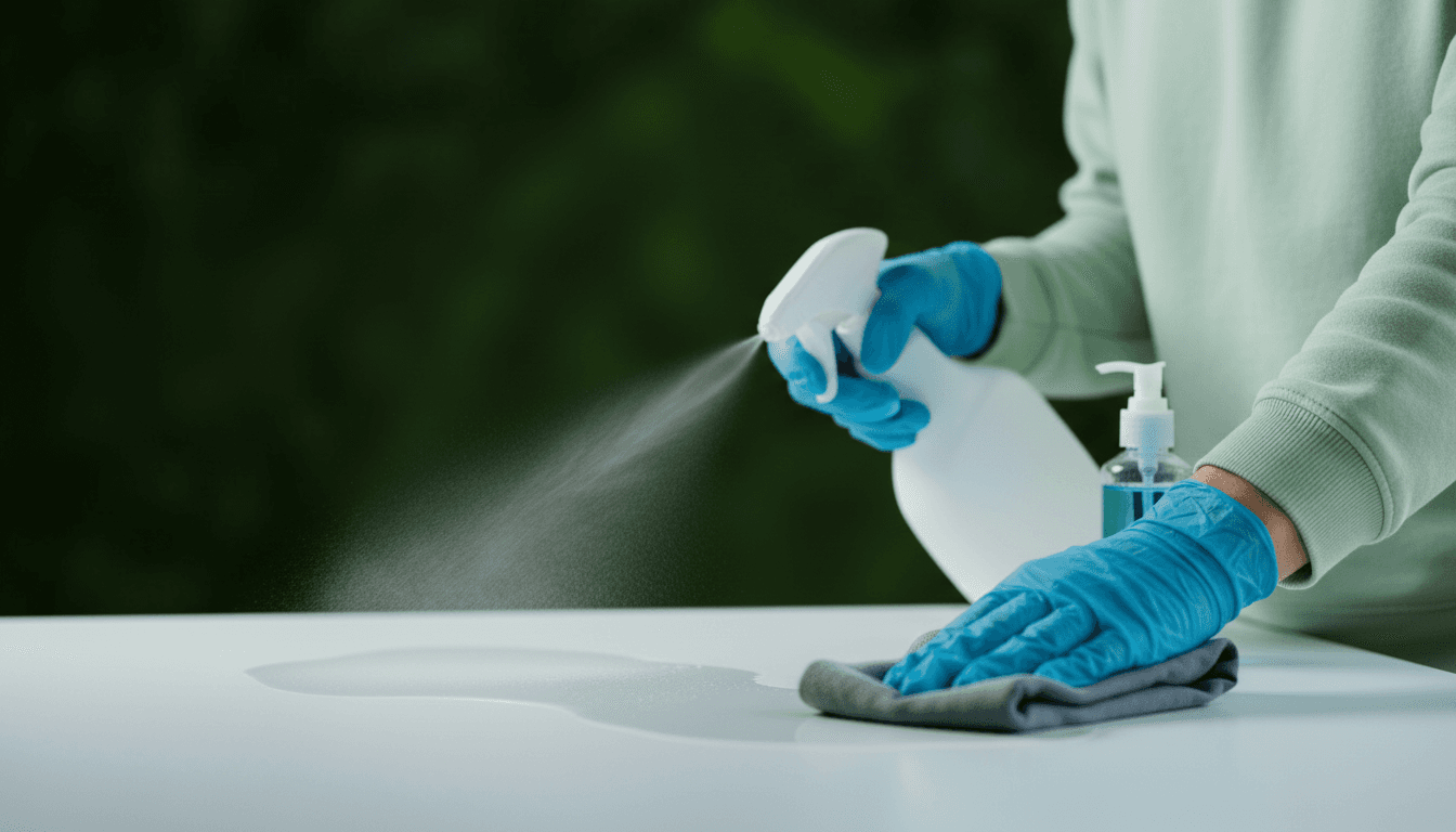 A person is wearing blue rubber gloves and is spraying a surface with a spray.