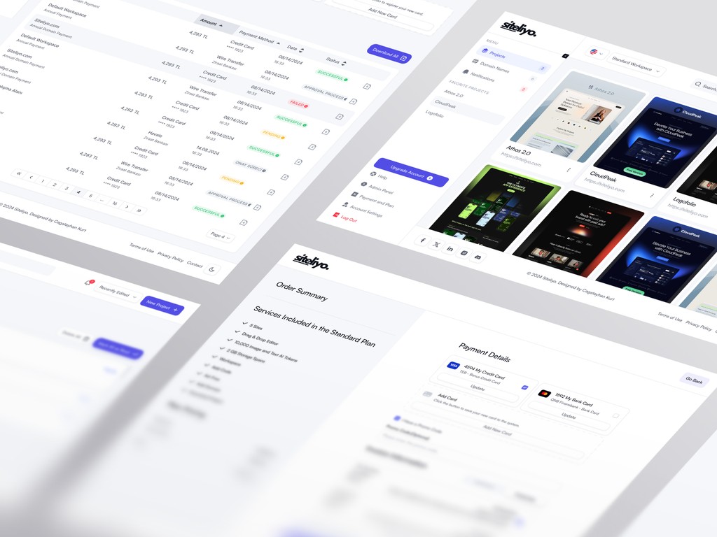 Siteliyo’s dashboard and account screens including sign-up, login, and help center layouts with a modern look