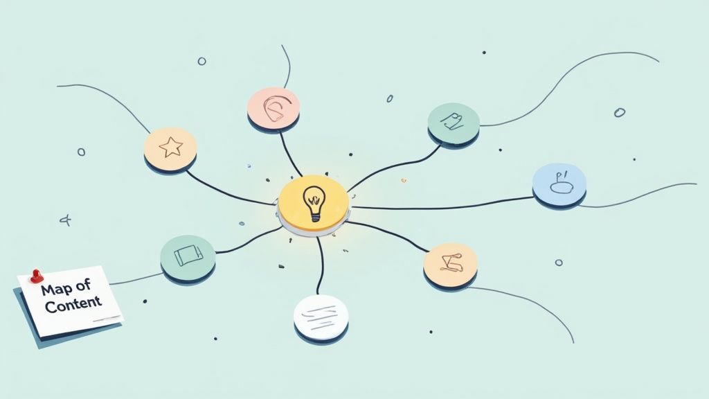 A web of interconnected ideas shown as glowing nodes, symbolizing insight.