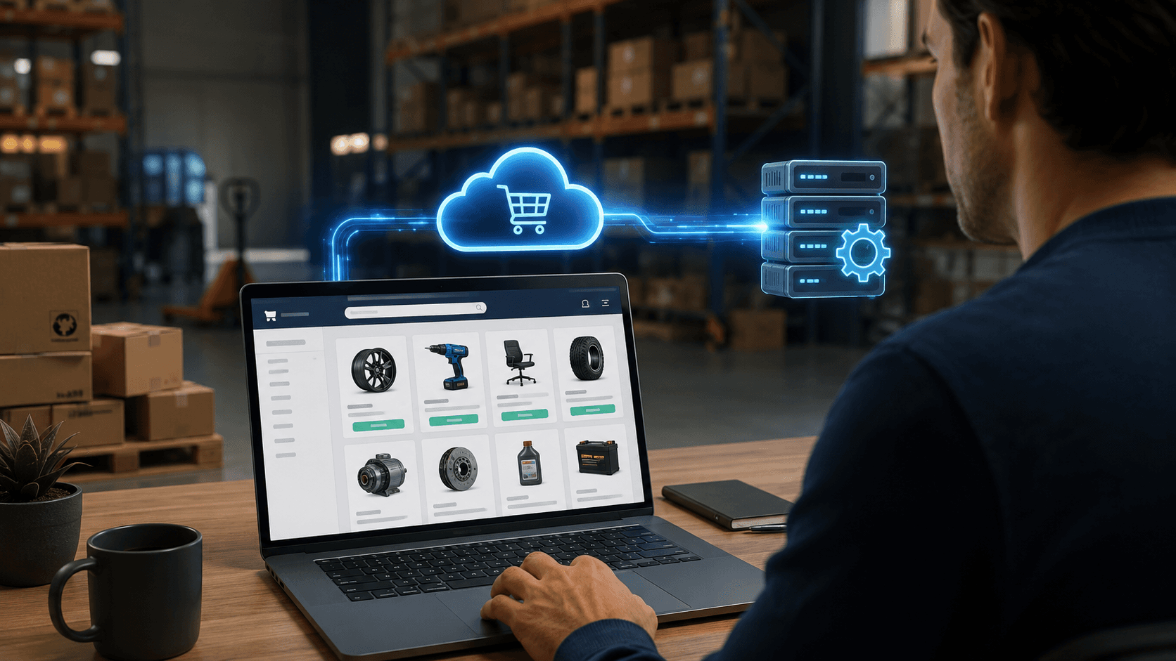 Cena 3D realista mostrando um distribuidor operando uma loja virtual B2B integrada ao ERP em um ambiente moderno de estoque e logística. Um profissional trabalha em um notebook com catálogo digital B2B aberto, enquanto conexões holográficas unem e-commerce, servidores e sistema de gestão em tempo real. Ao fundo, prateleiras industriais com caixas e produtos reforçam o contexto de distribuidora integrada, transmitindo automação, praticidade e independência de equipe técnica.