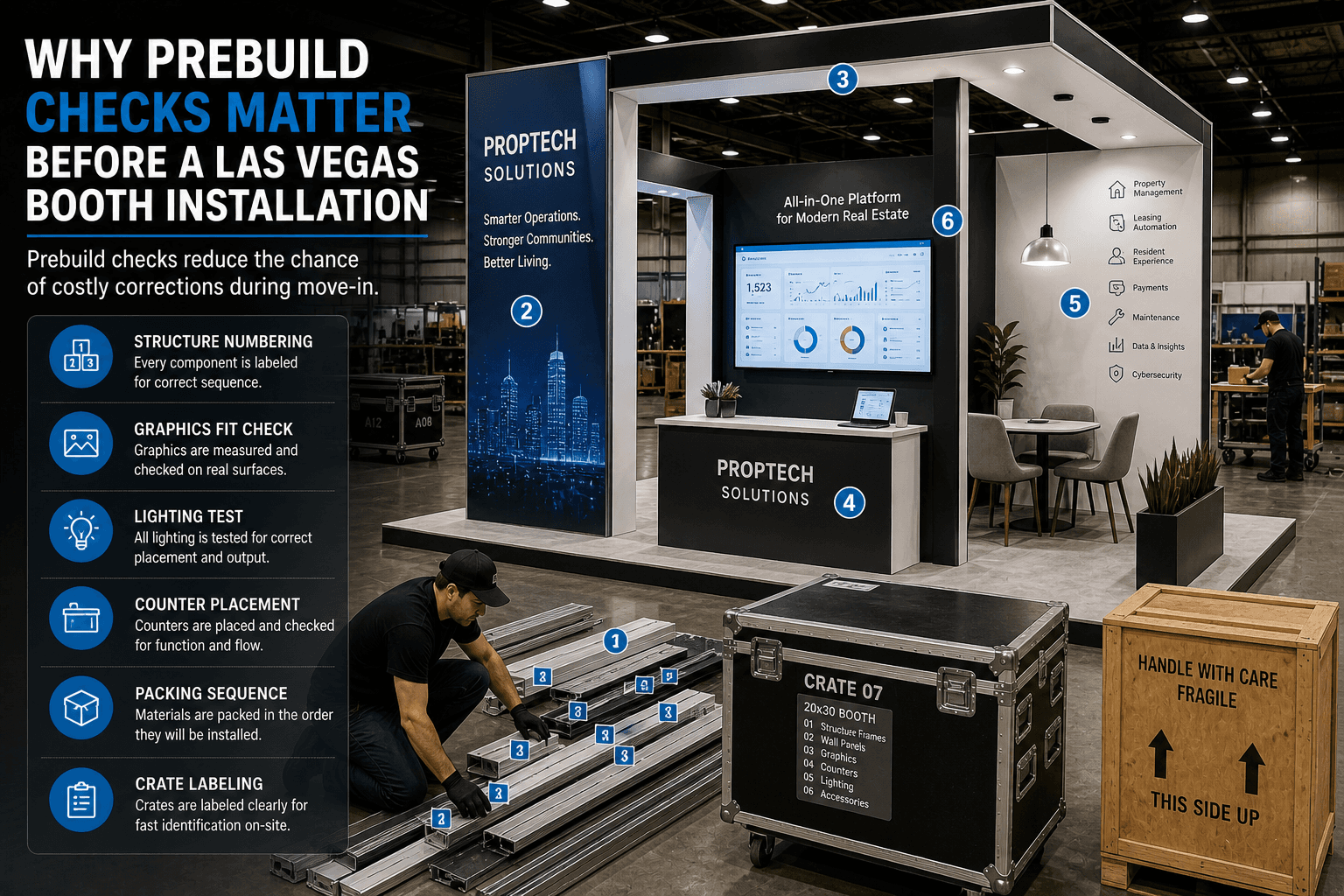 Trade show booth prebuild scene in a warehouse with numbered components, graphics fit checks, lighting review, counter placement, and crate labeling before Las Vegas installation