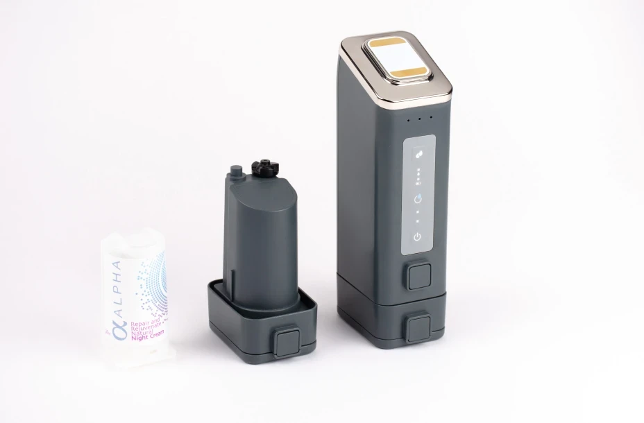 Handheld Cutitronics skincare device with removable cartridge and charging dock, showcasing precision consumer medical hardware design.