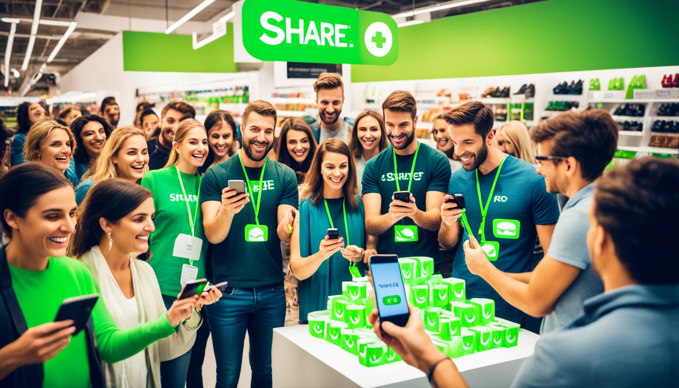 A crowd of diverse individuals holding smartphones and taking photos of products in a store display. Each photo has a glowing green checkmark, symbolizing the positive influence of UGC on purchasing decisions. Some individuals are smiling and nodding, while others are examining the product in more detail. In the background, banners with the words "Share your experience" and "Join the conversation" are visible. The overall mood is energetic and collaborative.