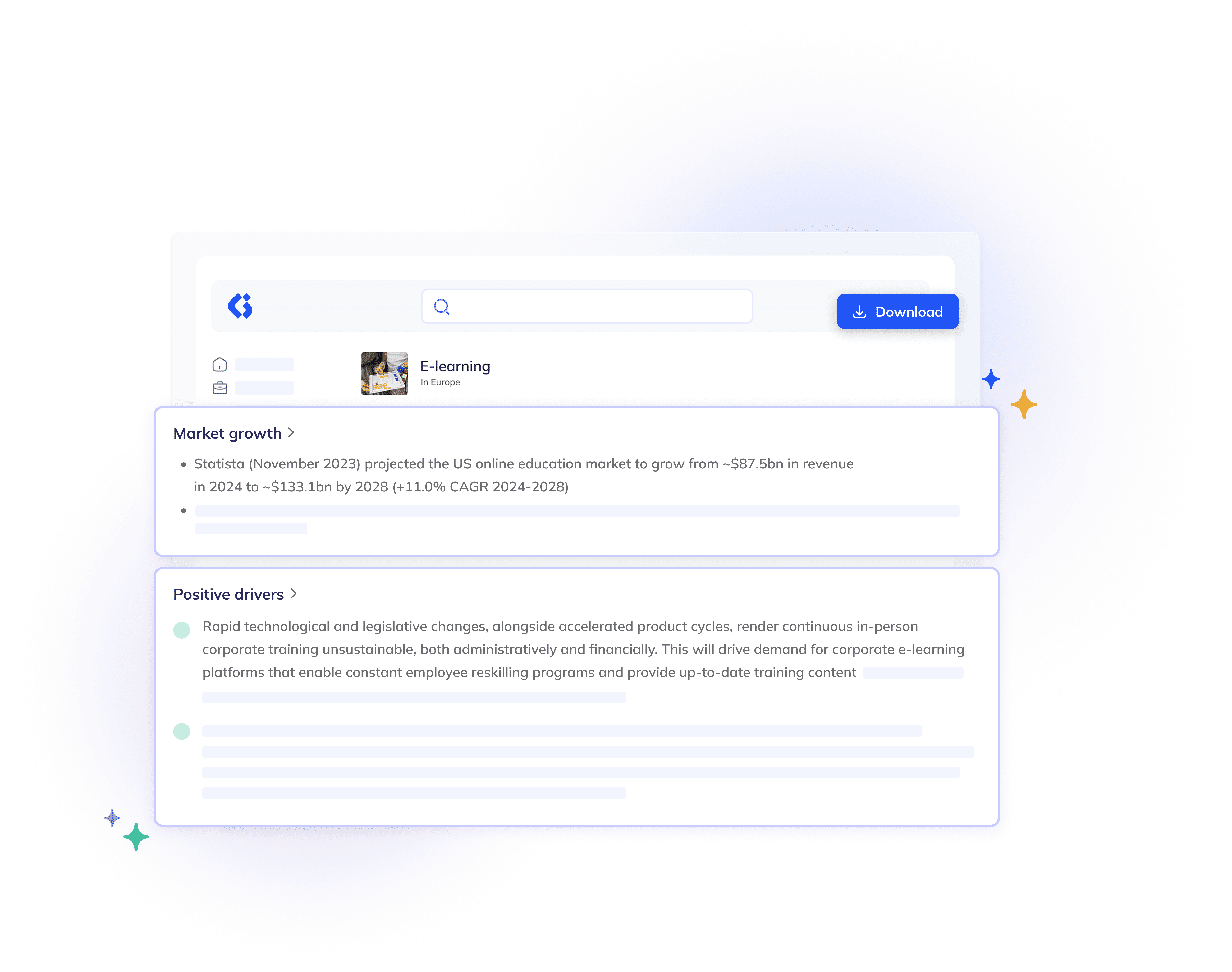 A digital interface displays information about e-learning, including projected US online education market growth and positive drivers of corporate e-learning platforms.