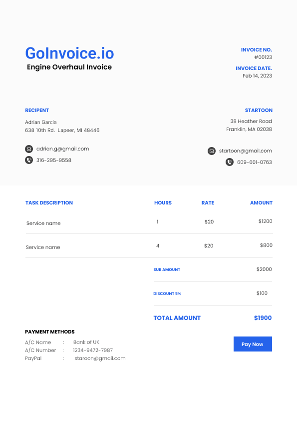 Engine Overhaul Invoice