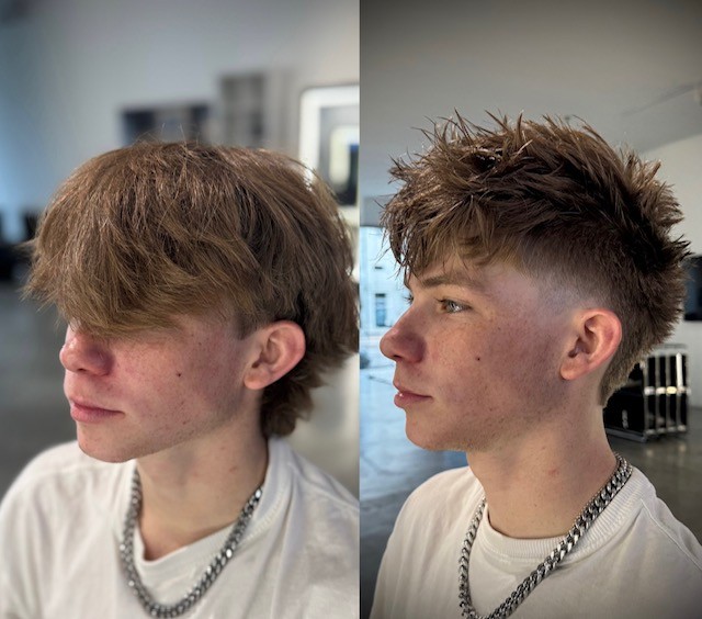 White male with textured burst fade. West Hollywood. The rich barber hair studio. Luxury barber courtney palmore. Berfore and after.