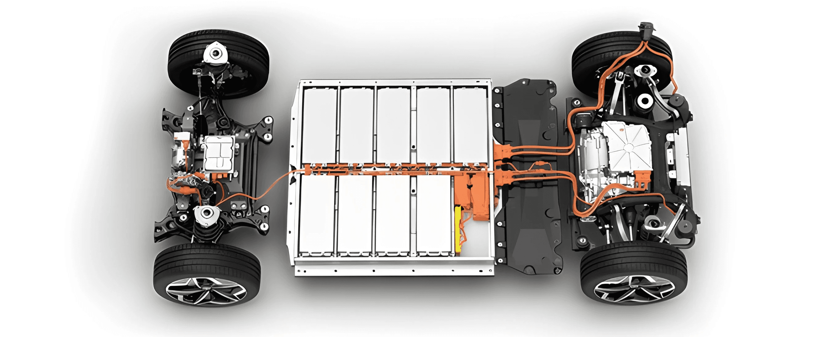 Architecture de la plateforme Volkswagen MEB avec pack batterie au plancher, moteur électrique et câblage haute tension visibles