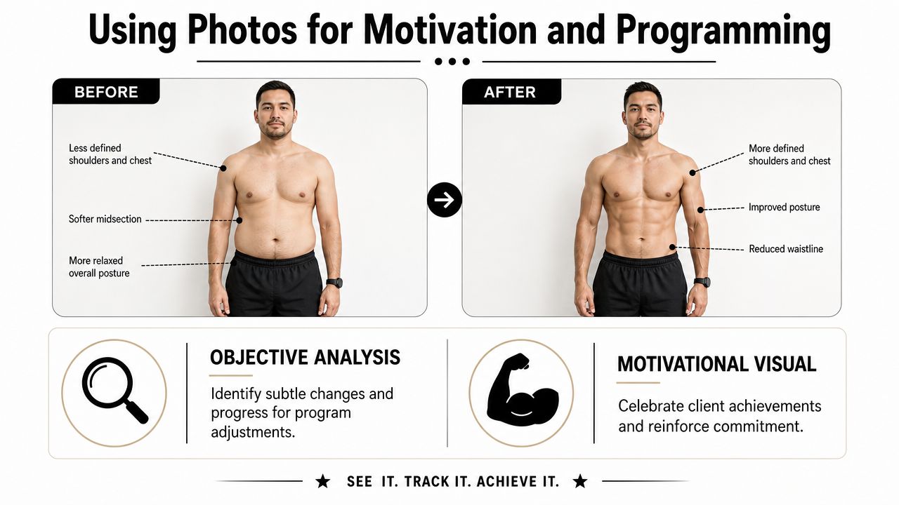 A comparison photo showing a man's physical transformation with before and after progress labels.