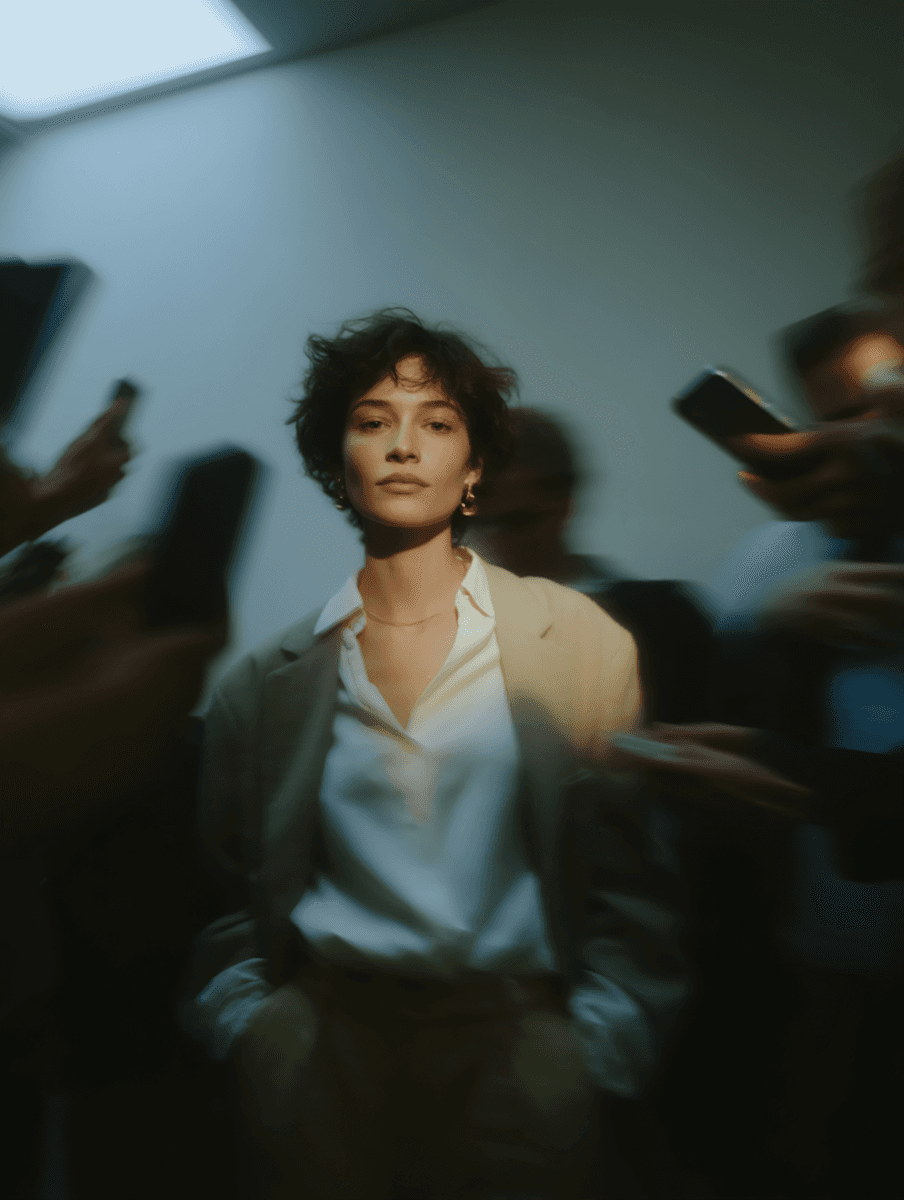 Cinematic portrait of a woman surrounded by blurred hands holding smartphones.
