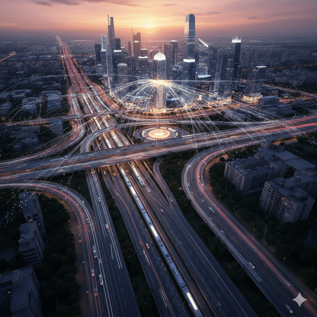 Aerial view of futuristic highway interchanges and glowing transit lines in Sector 89, Gurugram