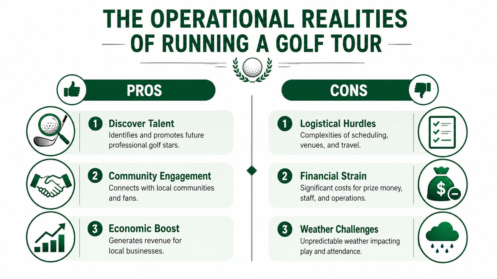 An infographic titled The Operational Realities of Running a Golf Tour comparing pros and cons.
