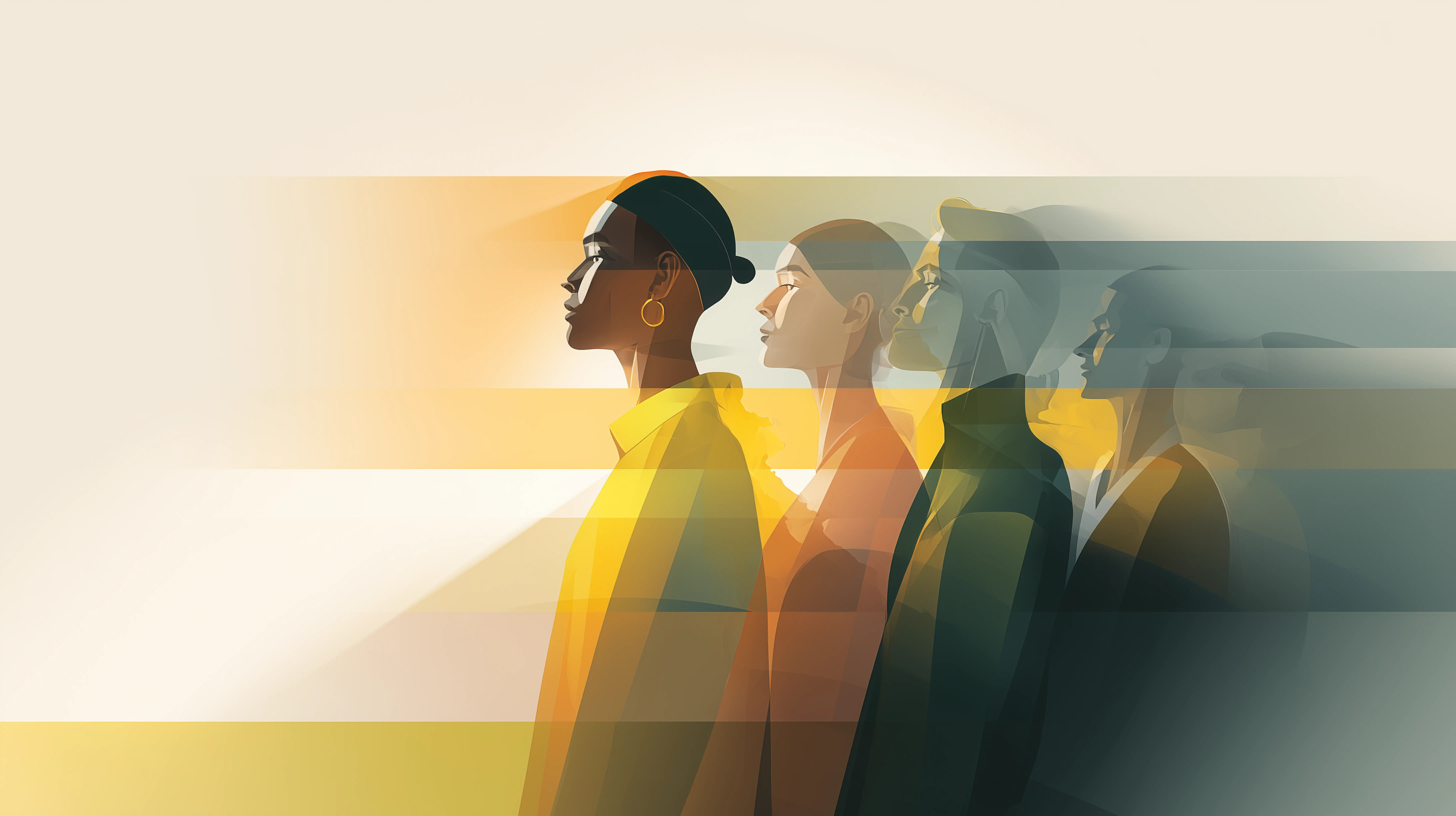 Ilustración conceptual de varias personas avanzando hacia la luz, representando diferentes perfiles de audiencia y la necesidad de adaptar la comunicación y propuesta de valor según el tipo de cliente B2B o B2C.