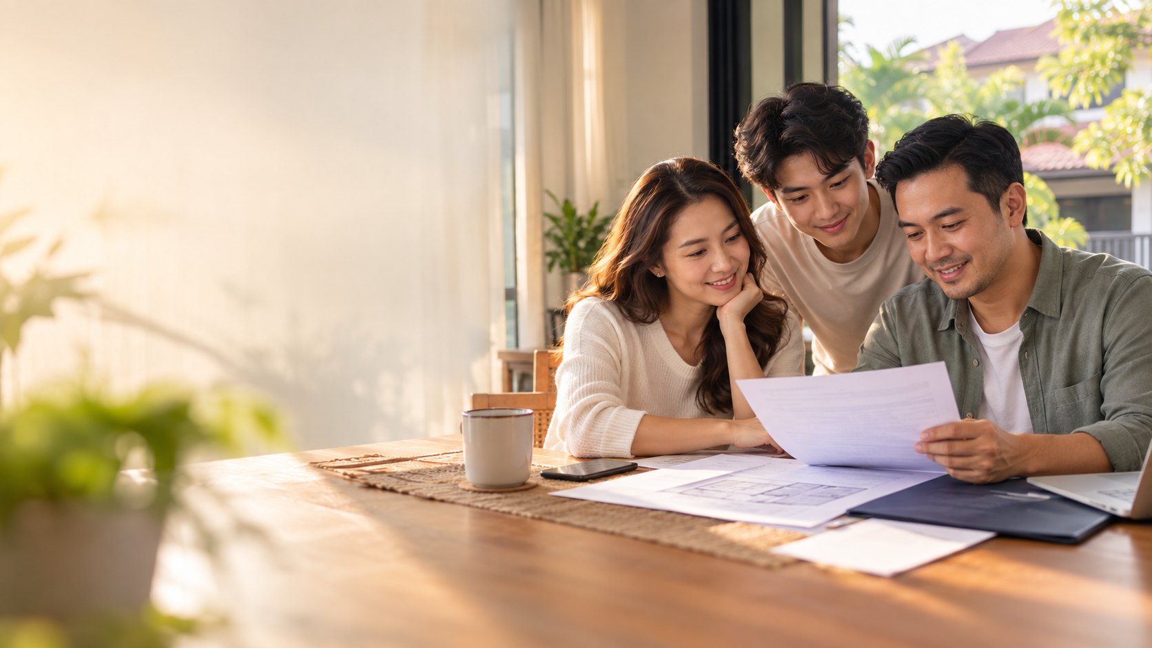 Family reviewing property documents together at home