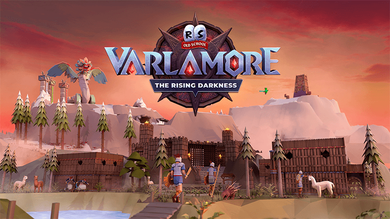 The Varlamore logo in front of a scene from Old School RuneScape