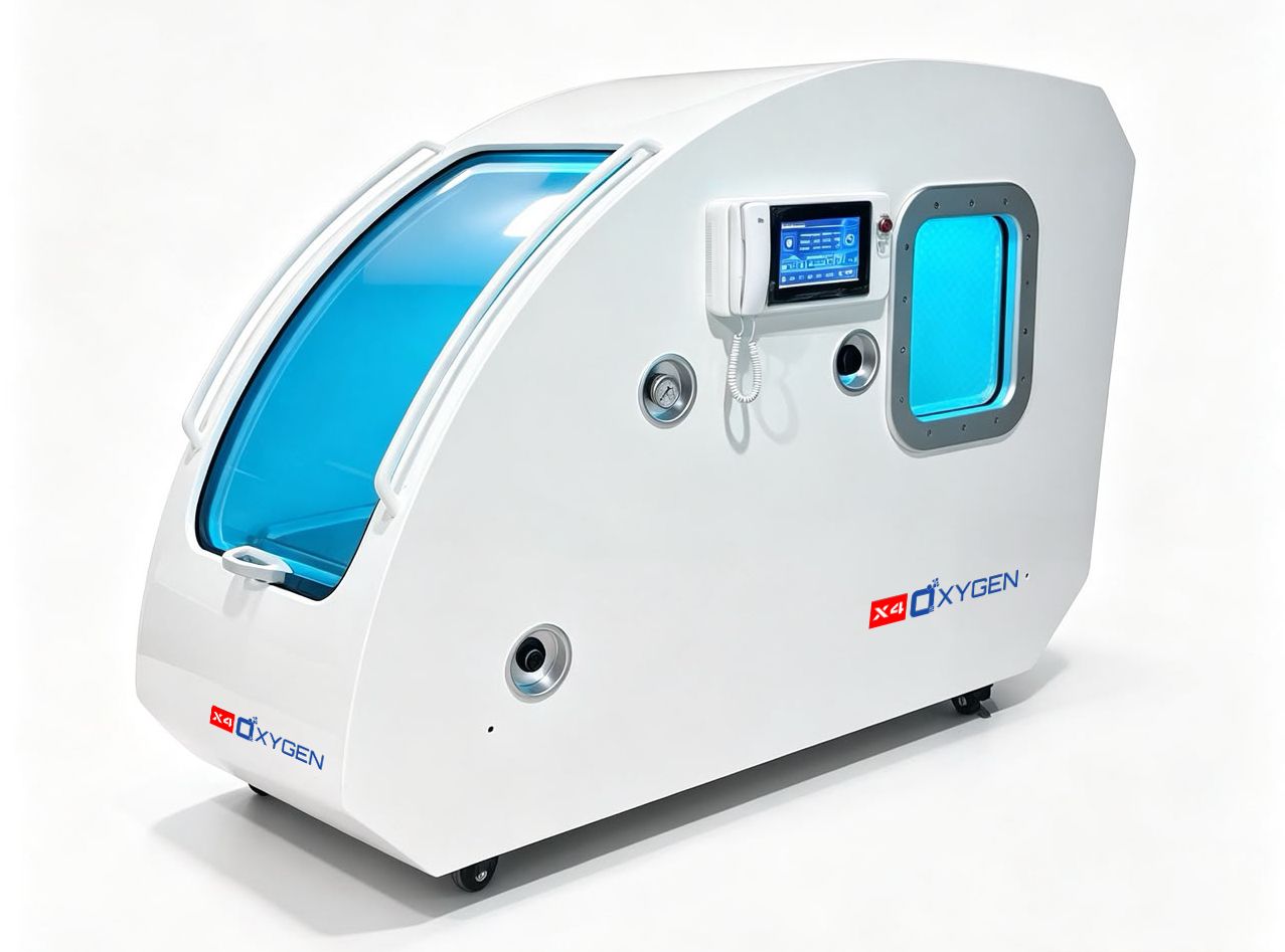 Hyperbaric oxygen chamber with control panel and transparent door. Model H130-20G2 from X4Oxygen
