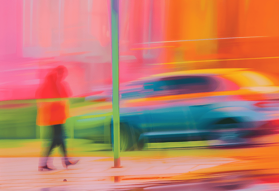 A woman walking confidently down a city street, surrounded by buildings and greenery.
