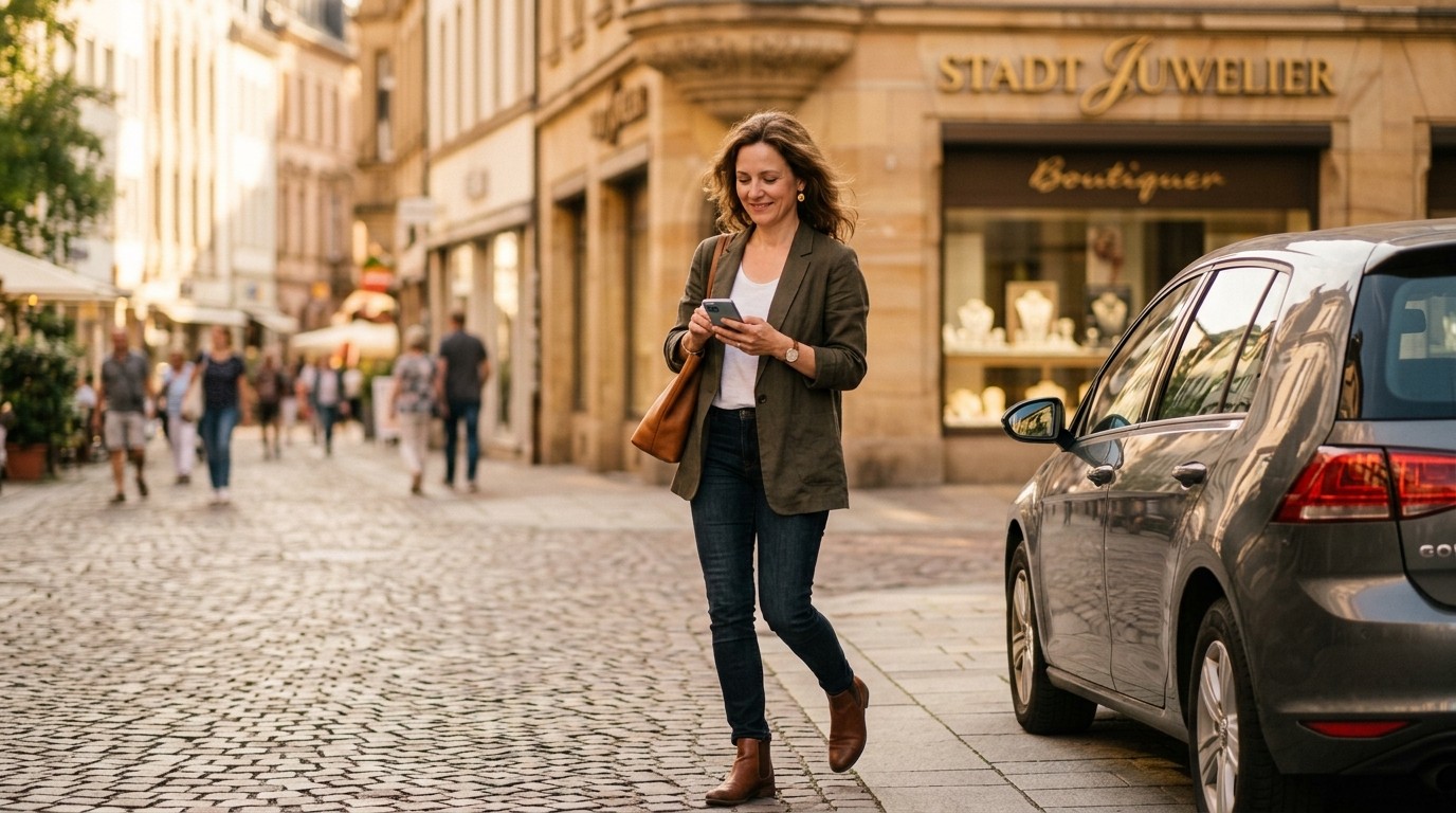 two people looking at a tablet and smiling