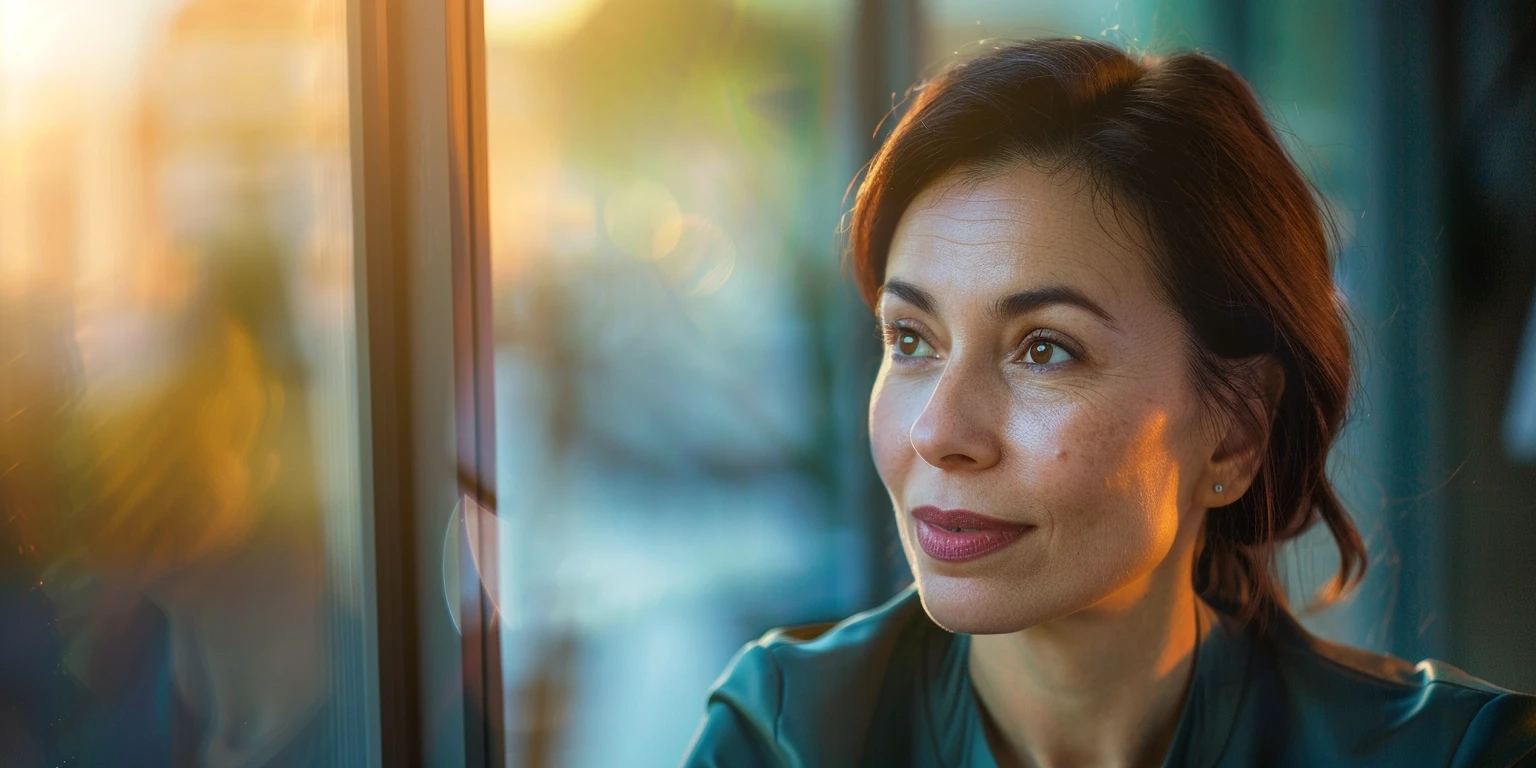 Mujer de 40 años pensando mirando por la ventana