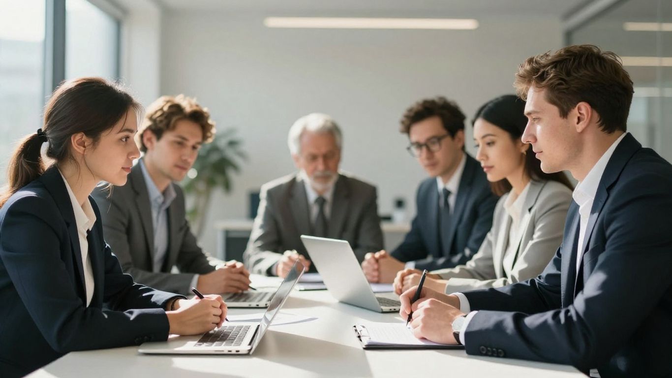 Team collaborating on business strategy for operational excellence.