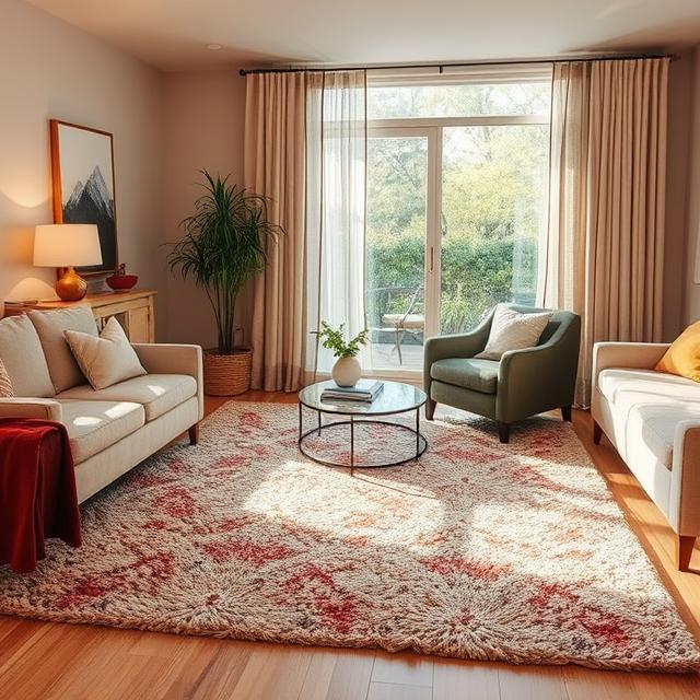 A cozy living room featuring a rug, sofa, and chairs arranged for comfort and relaxation.
