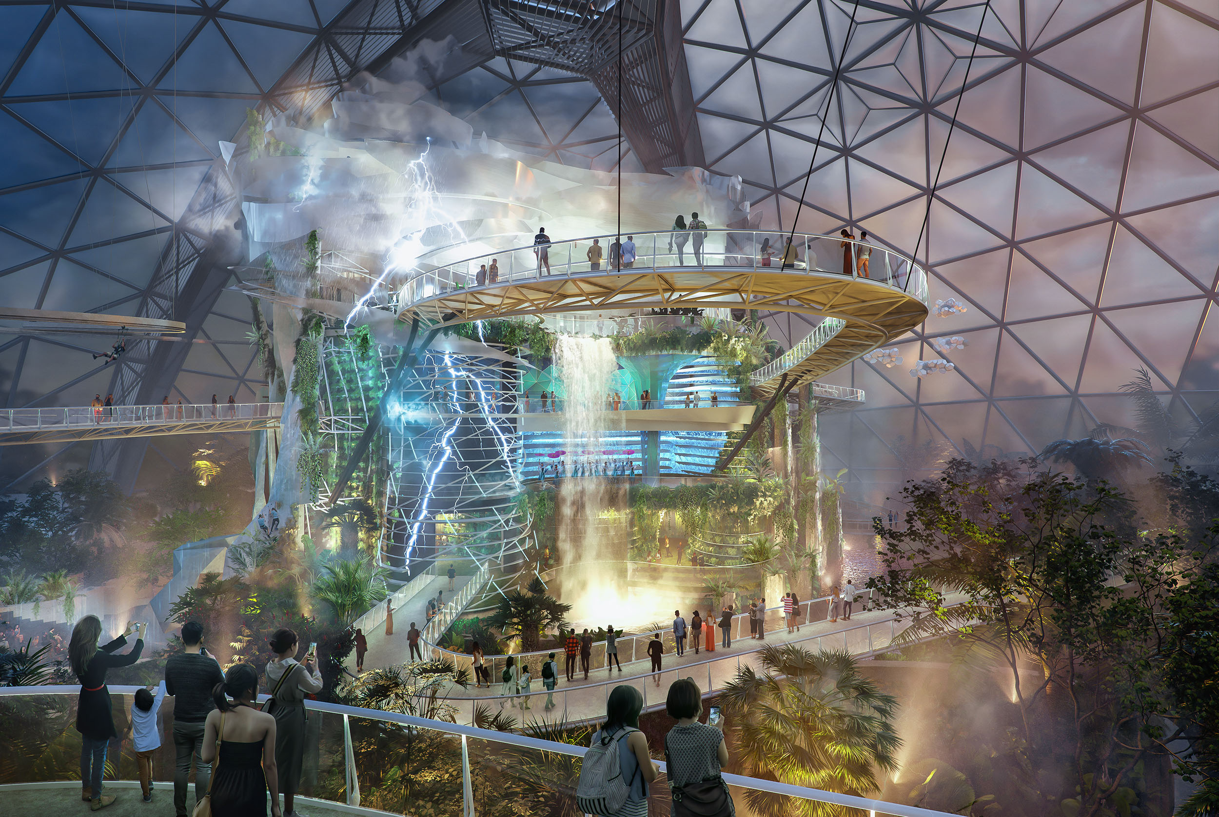 Architectural CGI render of interior jungle dome with lightning.