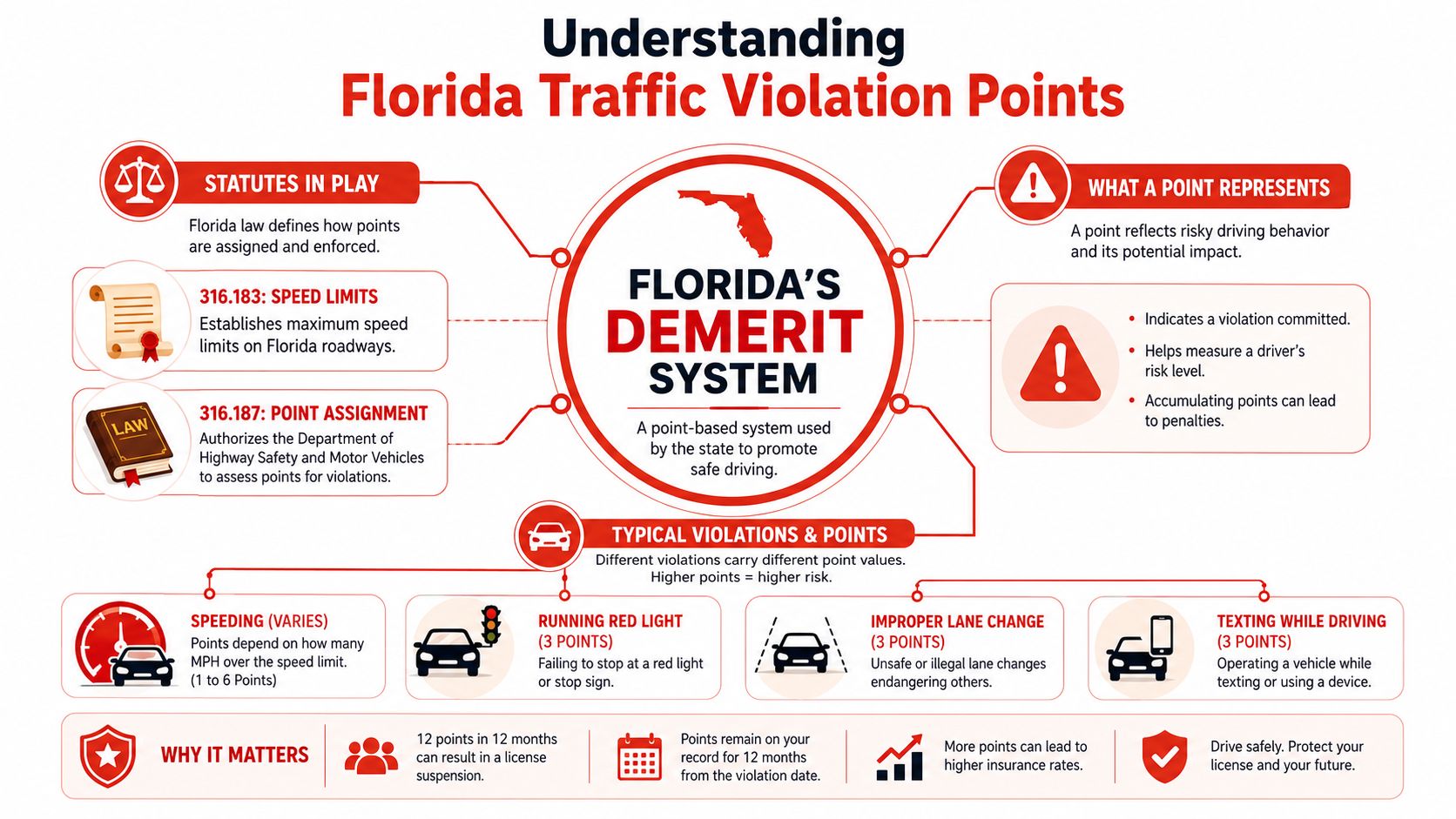 An infographic explaining Florida's demerit system for traffic violations, point assignments, and the consequences of accumulating points.