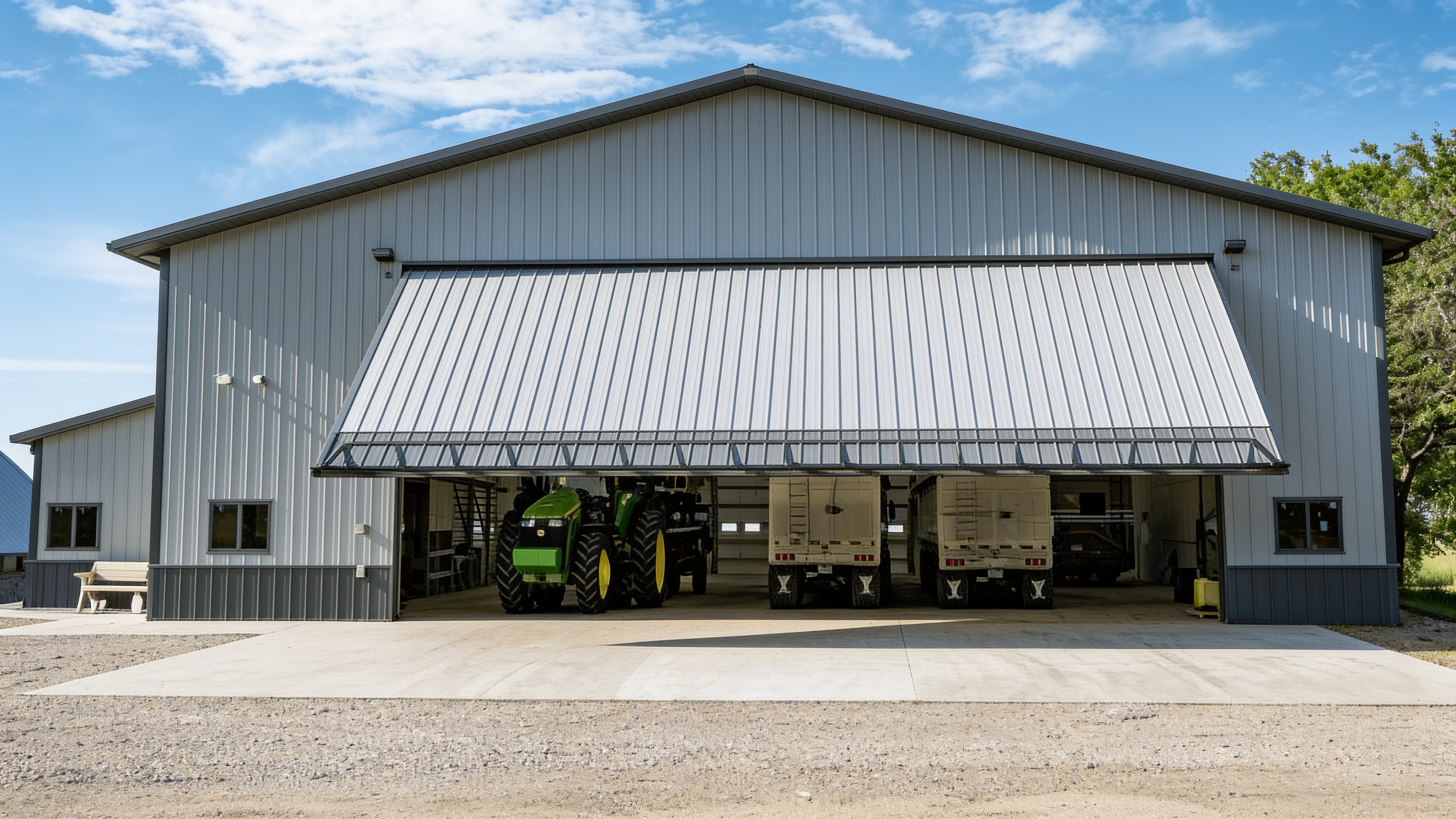 Wide metal machine shed with a 50x20 hydraulic door lifting open