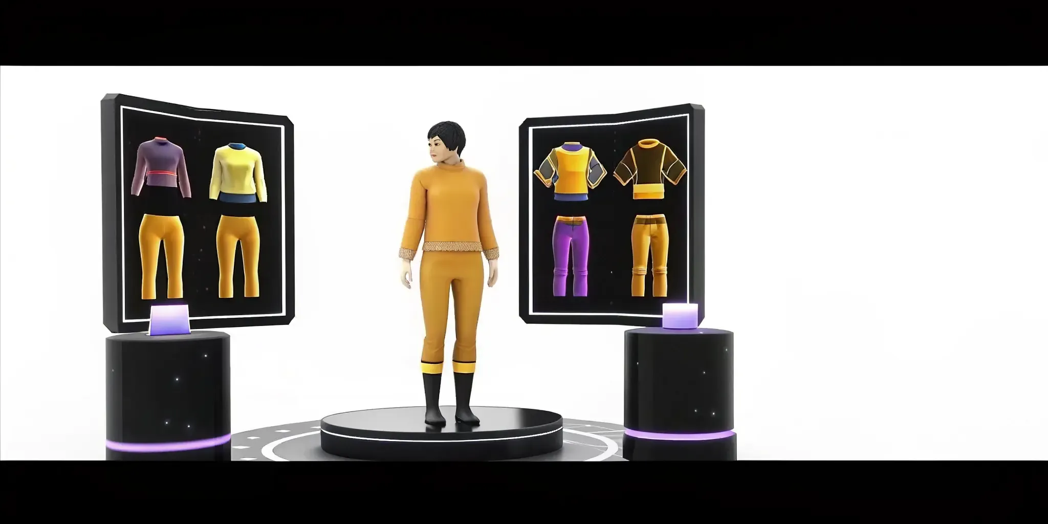 A player designing a colorful modular 3D avatar at a futuristic character customization station