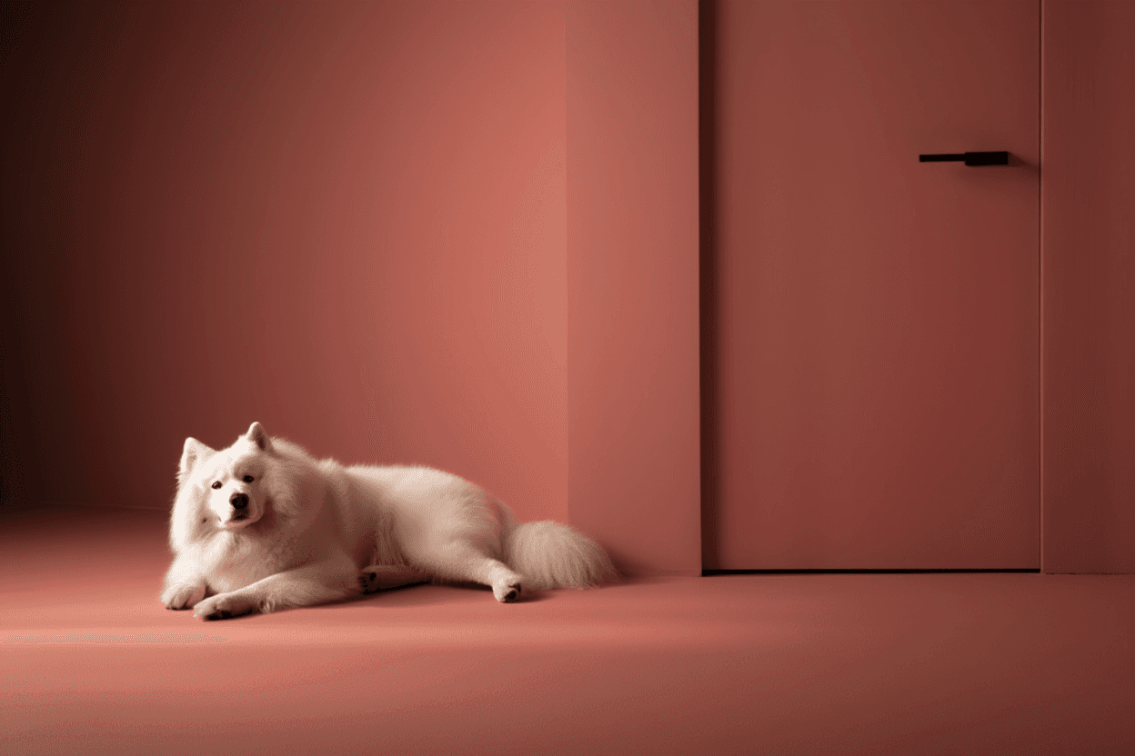 white dog waiting at the door