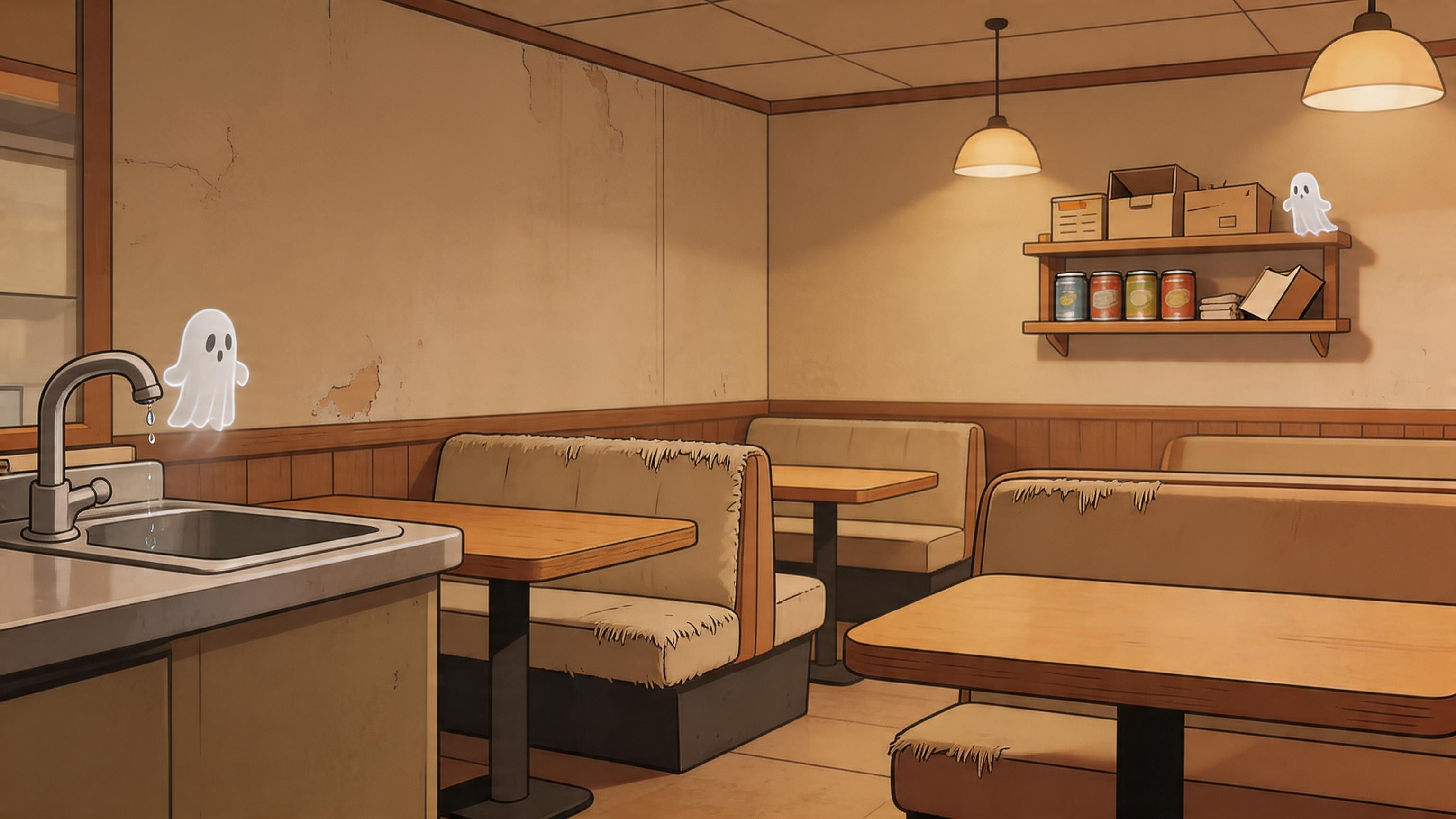 An empty, weathered restaurant interior featuring worn booths, a kitchen sink, and cute cartoon ghost decorations.