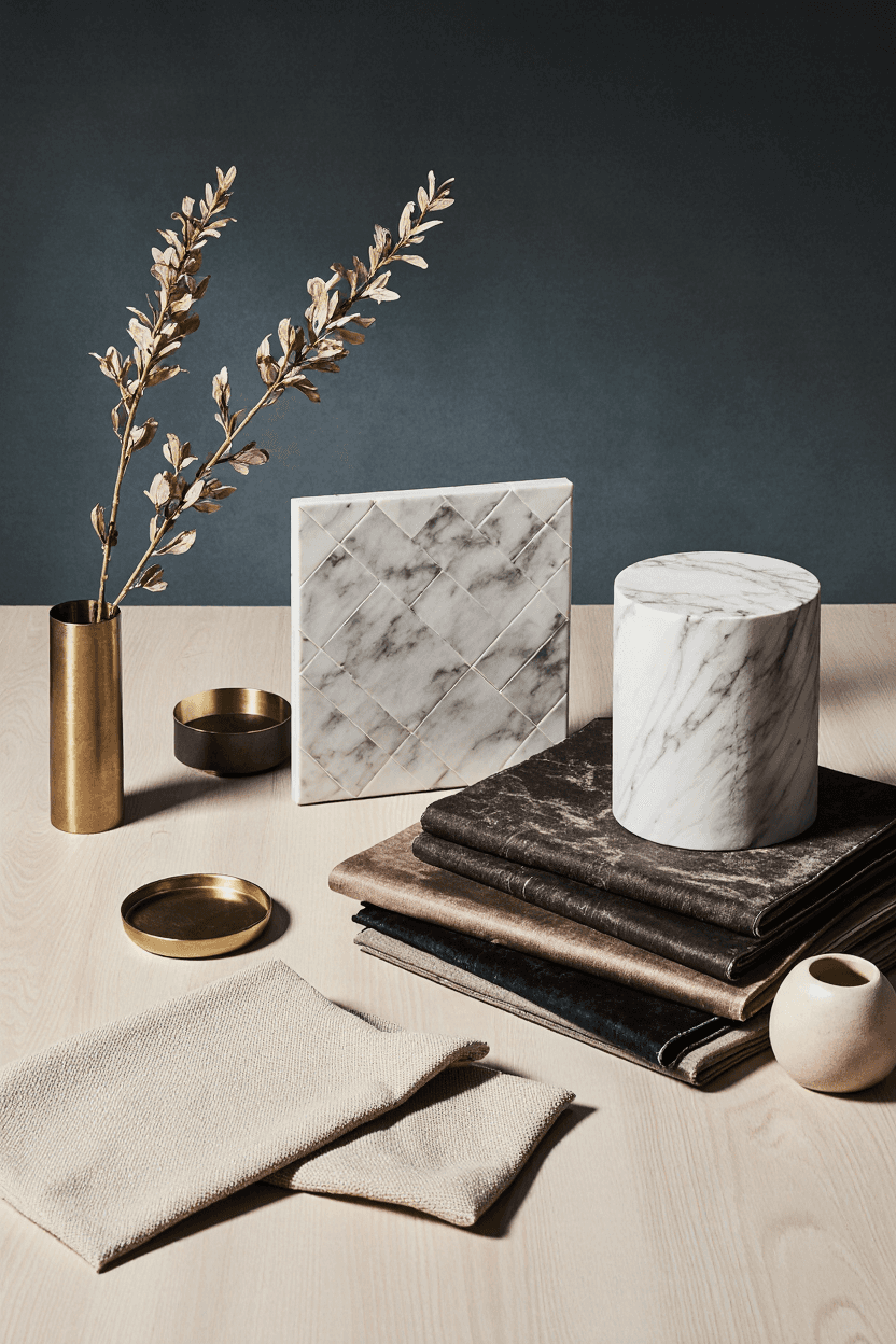 Marble, fabric, and brass material samples styled with organic accents for a design board.