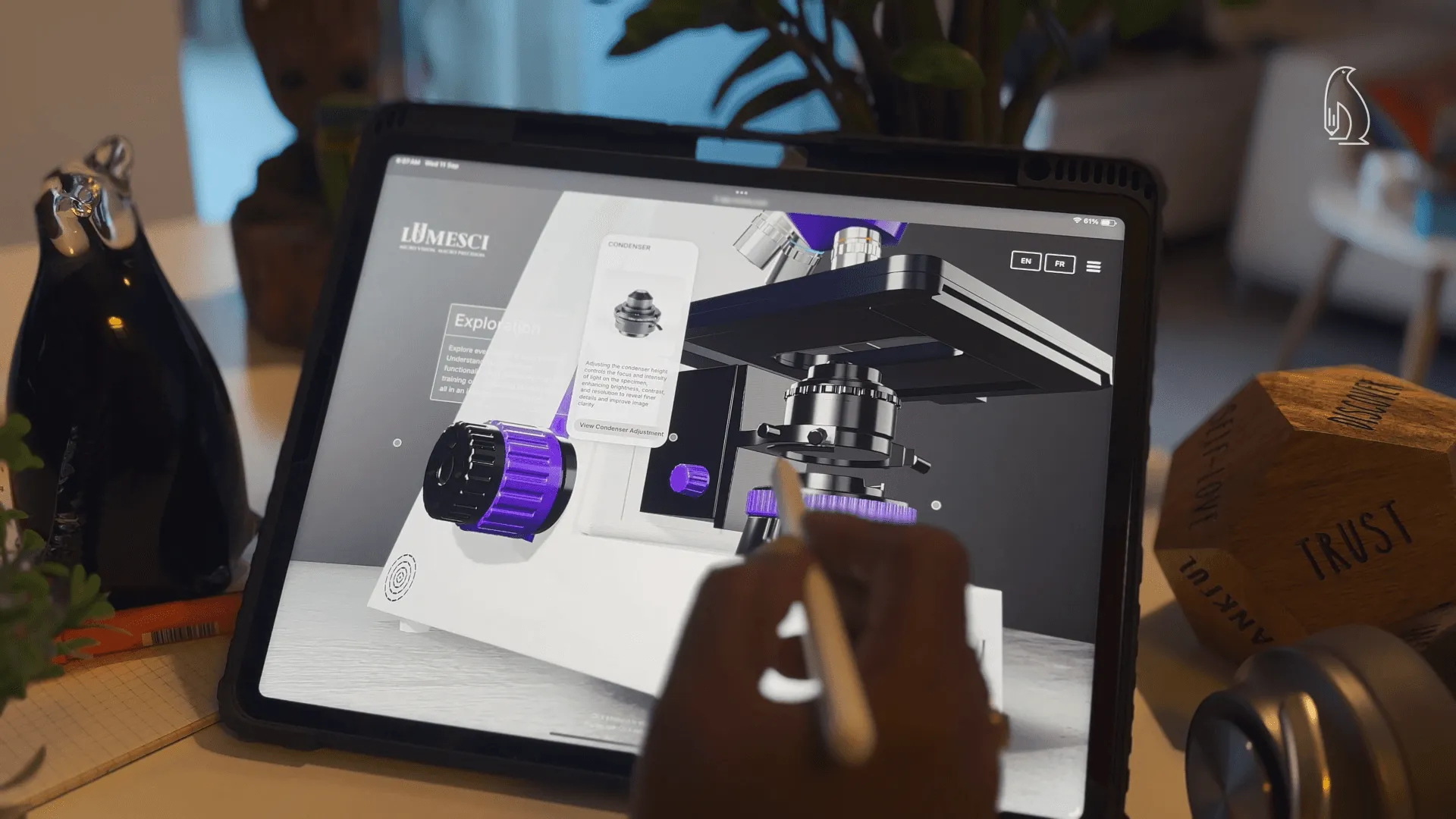 Microscope interactive digital twin on iPad showing 3D product hero view