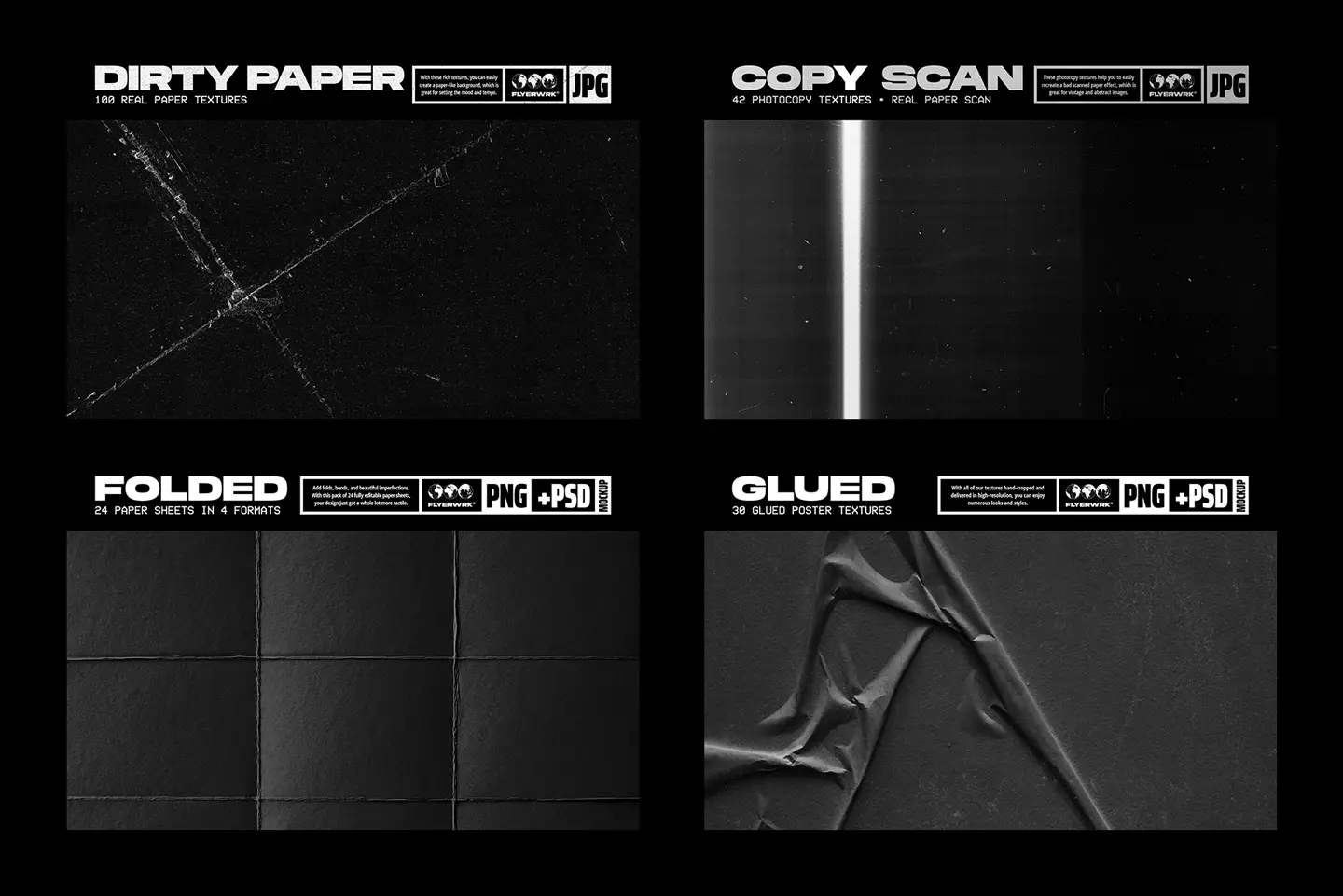 Preview grid of texture bundle featuring dirty paper, copy scan and folded textures
