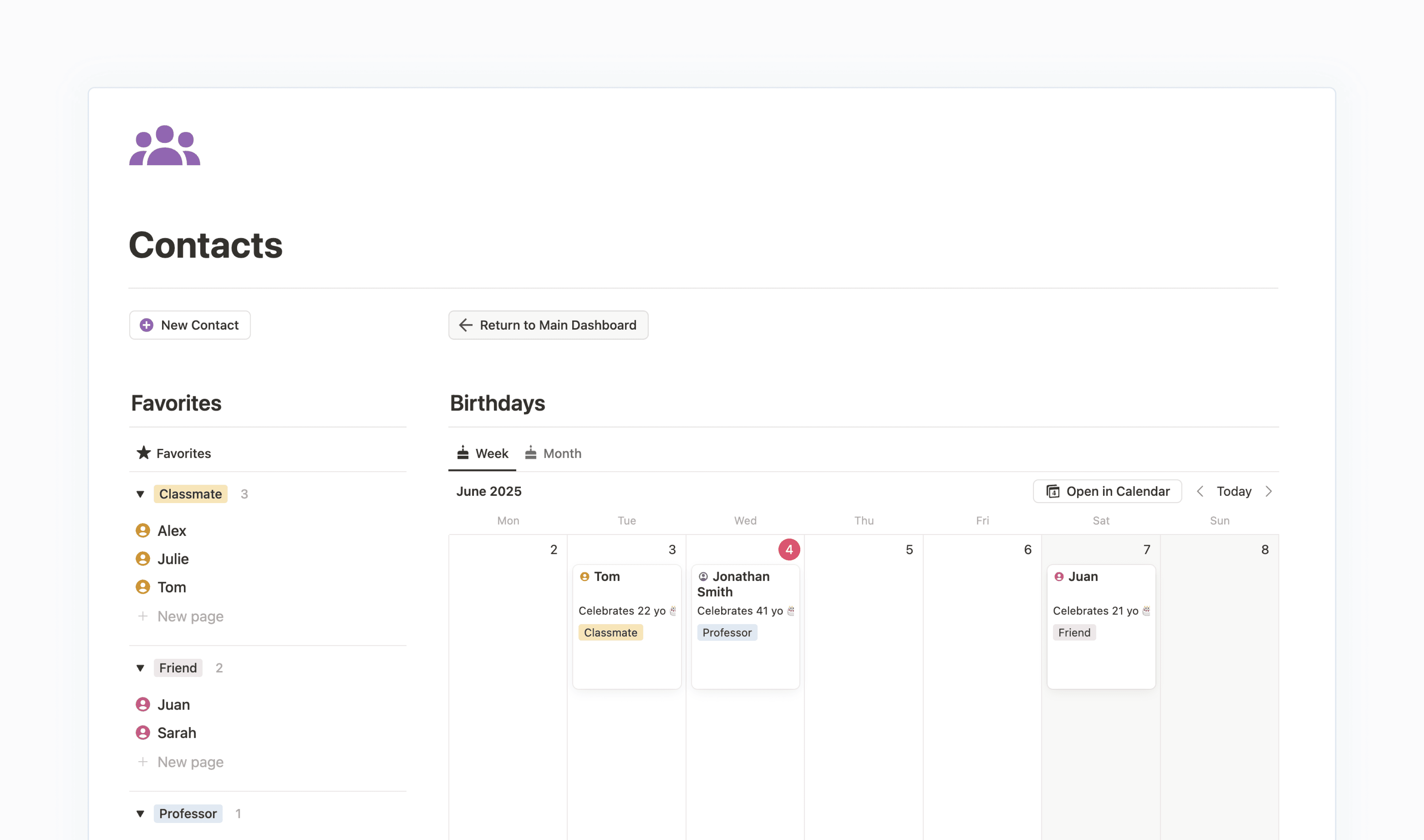 The contacts page of the Student Smart Dashboard showing the favorites contacts, upcoming birthdays and buttons