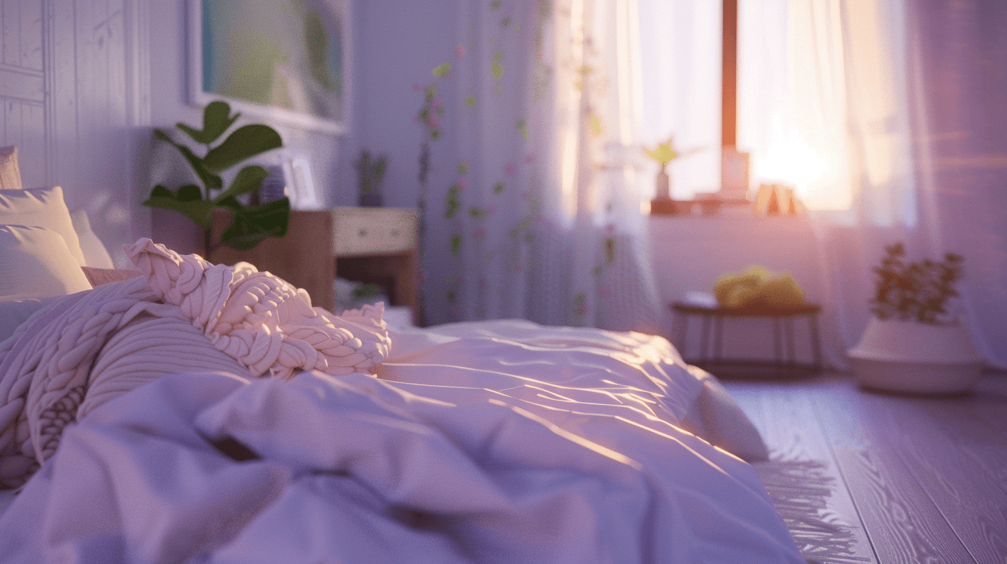 A serene bedroom with purple tones, a minimalist bed, wooden nightstands, and soft natural lighting.