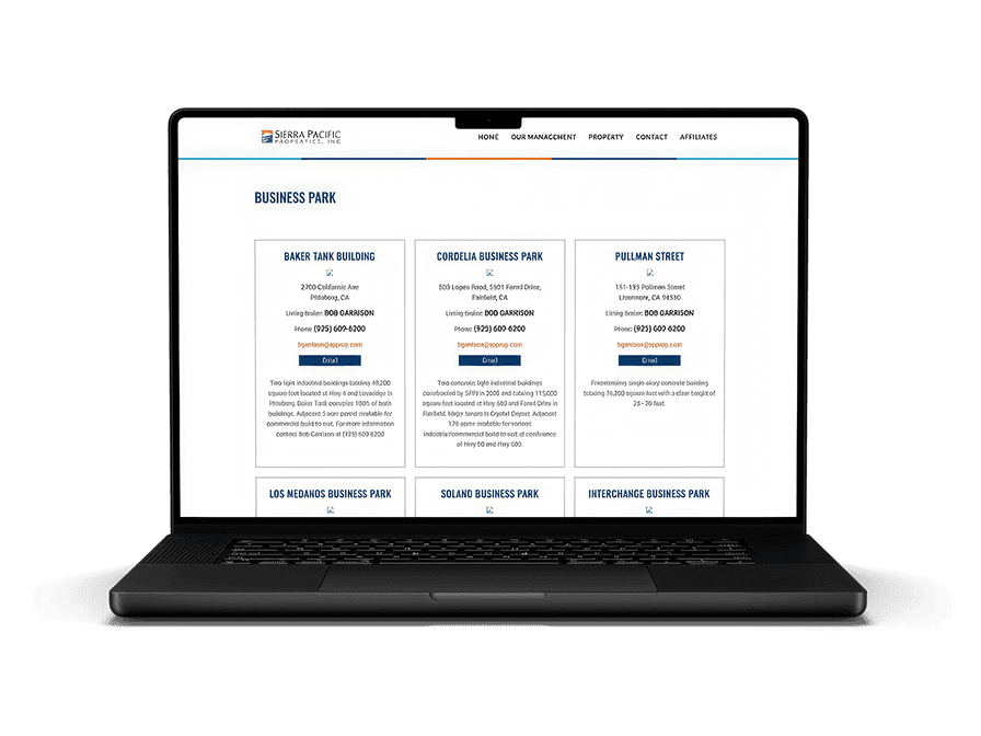 A laptop displaying the "Retail" properties page of the Sierra Pacific Properties website, featuring three columns of shopping center listings with broker contact information and property details.