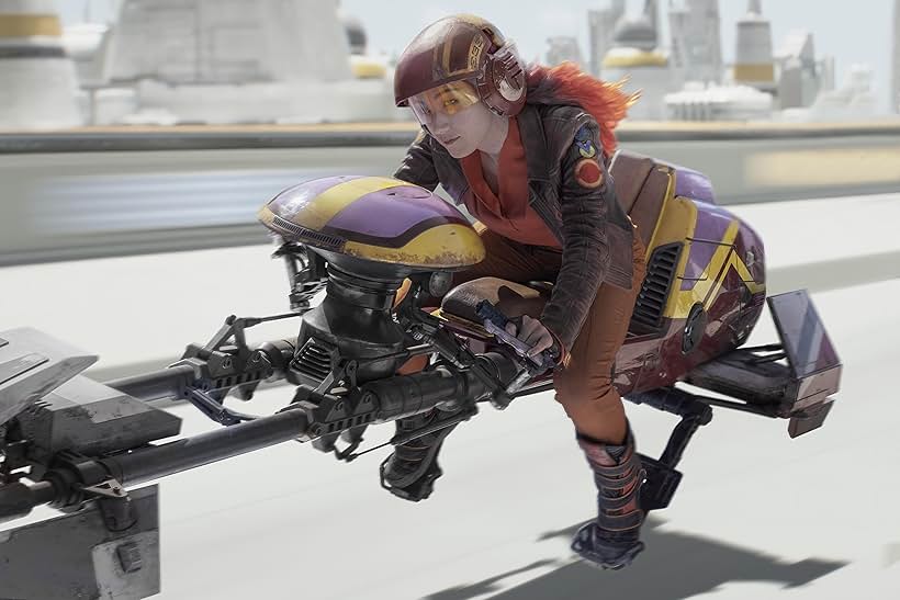 Sabine Wren riding a speader bike painted purple and yellow