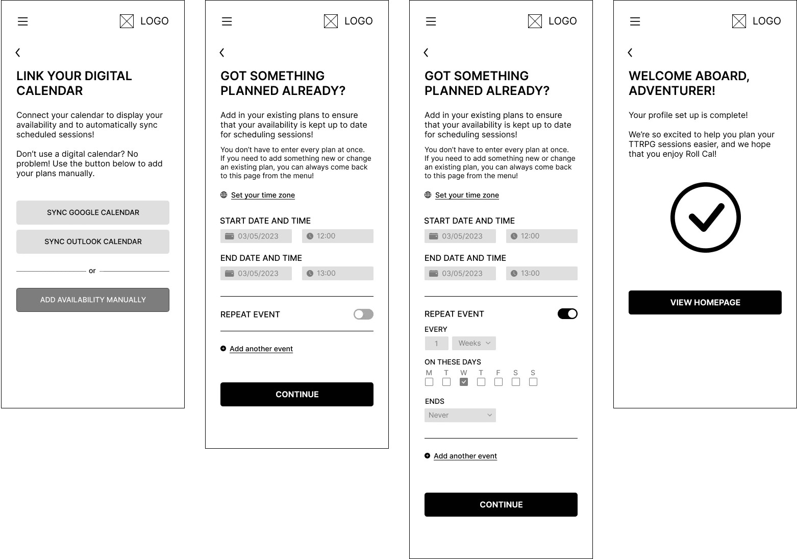 A selection of mid-fidelity screens in monochrome and depicting some of the calendar input system.