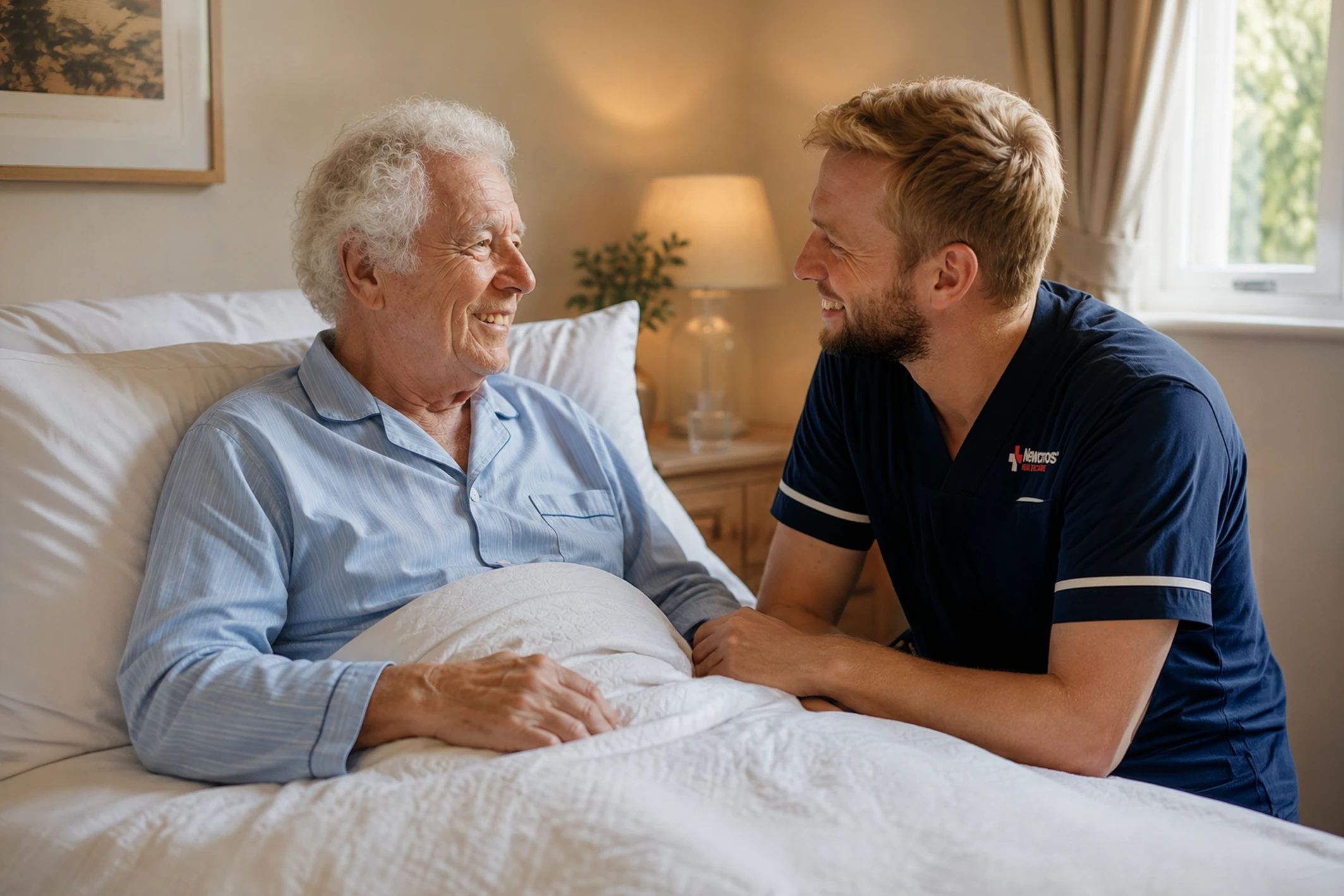 Newcross care worker sharing a warm, candid moment with a client at home
