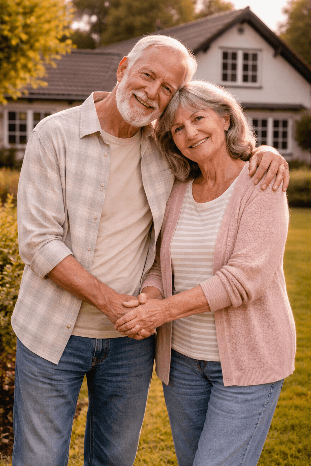 Glückliches älteres Ehepaar im Wohnzimmer ihres Eigenheims. Zufrieden, entspannt und vertrauensvoll, symbolisiert finanzielle Entlastung durch Nachrangdarlehen trotz negativer SCHUFA.
