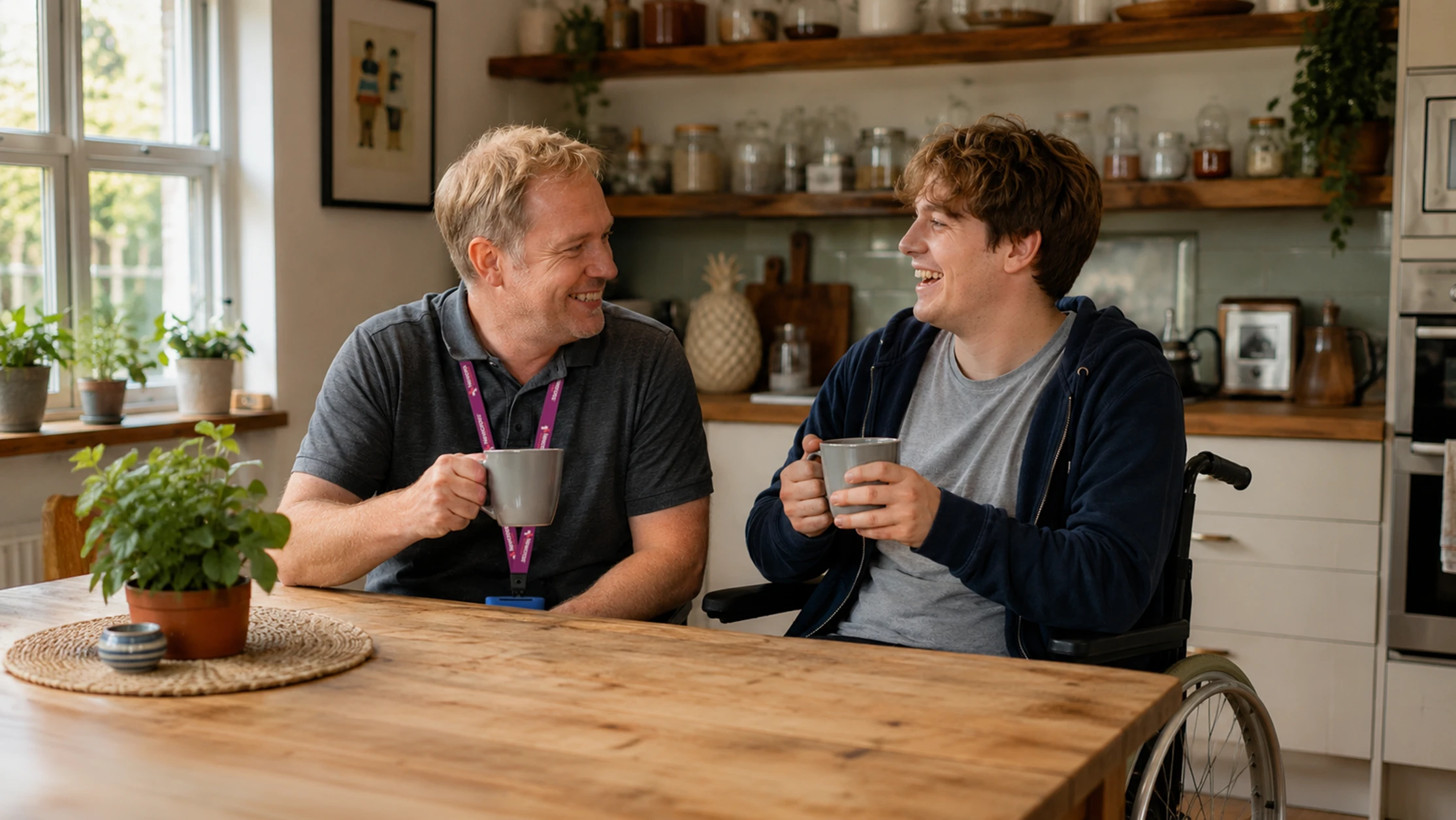 A support worker and a young adult wheelchair user sharing a warm conversation over coffee in a home kitchen.