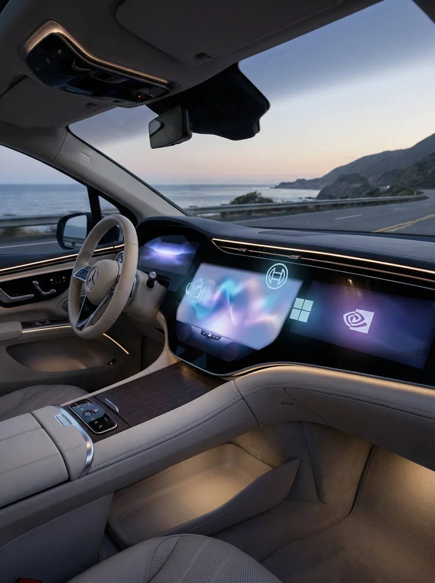 AI powered futuristic automotive cockpit concept with subtle Bosch Microsoft and Nvidia branding