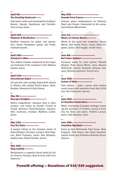 Back of program. Performances are scheduled each Wednesday from April 6 to June 29, featuring a variety of artists and ensembles including solo piano, wind quintet, jazz bands, and vocal choirs. Each concert is briefly described with titles like 'The Dazzling Keyboard,' 'Pay the Duke,' and 'Canadian Big Band.' At the bottom: 'Freewill offering — Donations of $10/$20 suggested.'