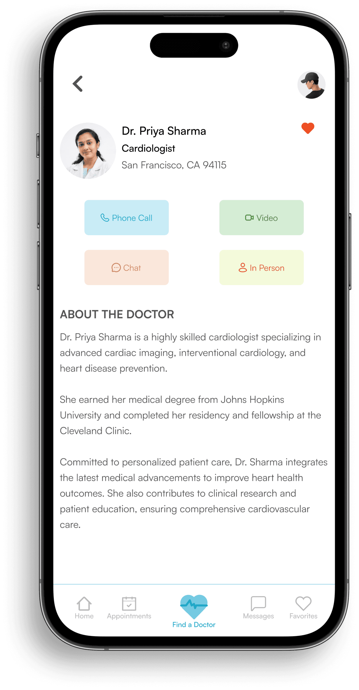 Doctor profile page showing appointment options and an "About the Doctor" section